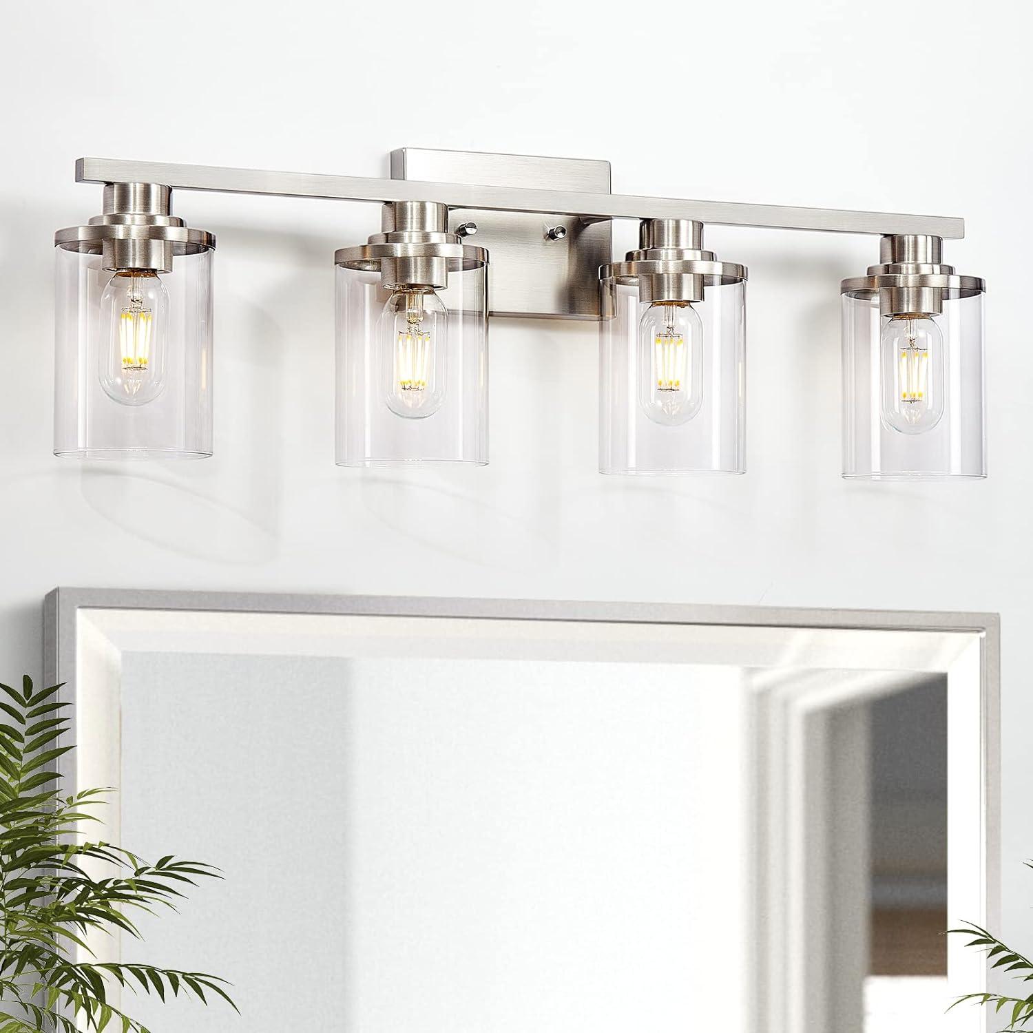 Brushed Nickel 4-Light Bathroom Vanity Fixture with Clear Glass Shades