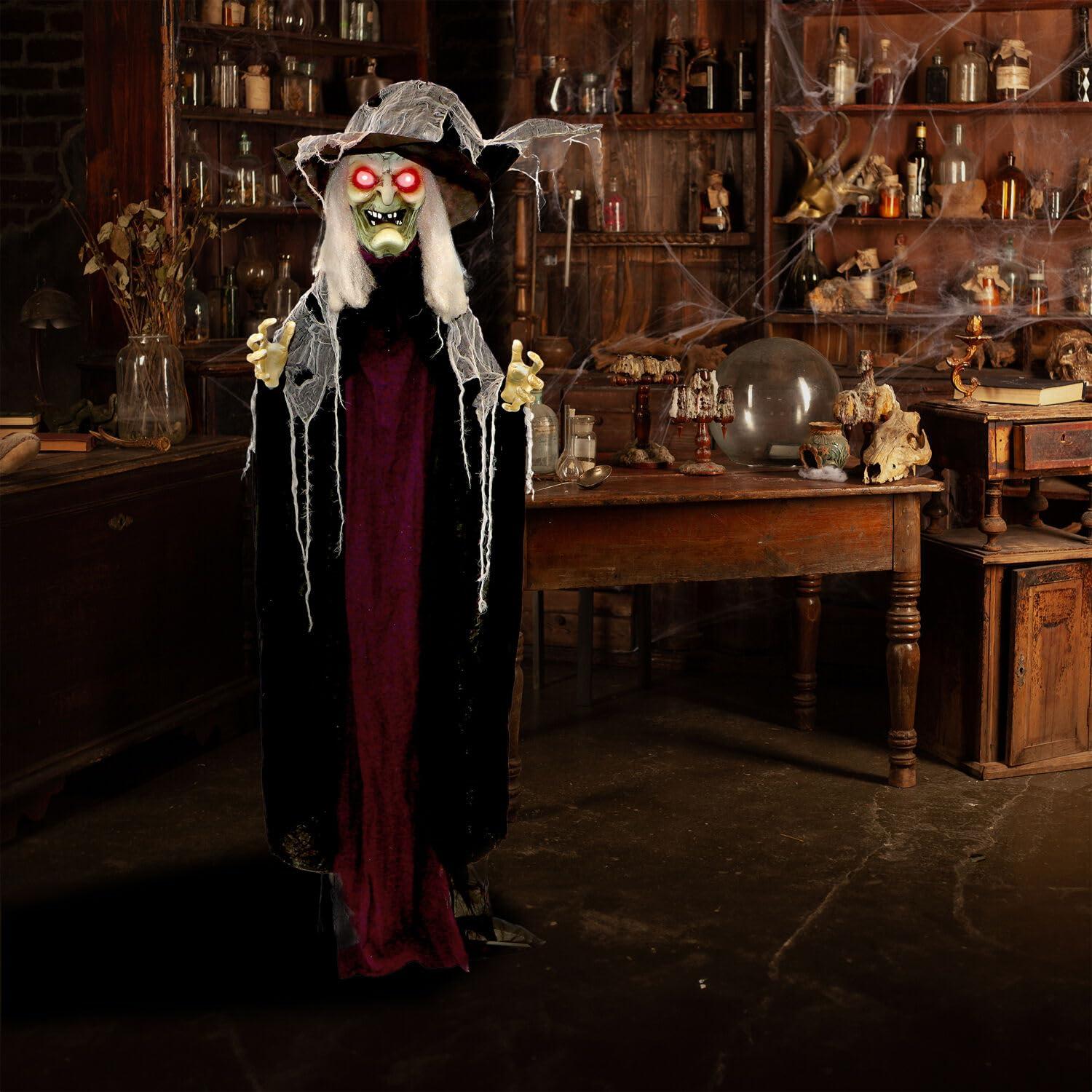 c&g home Life-Size Poseable Witch with Lights and Sound, Indoor/Covered Outdoor Halloween Decoration