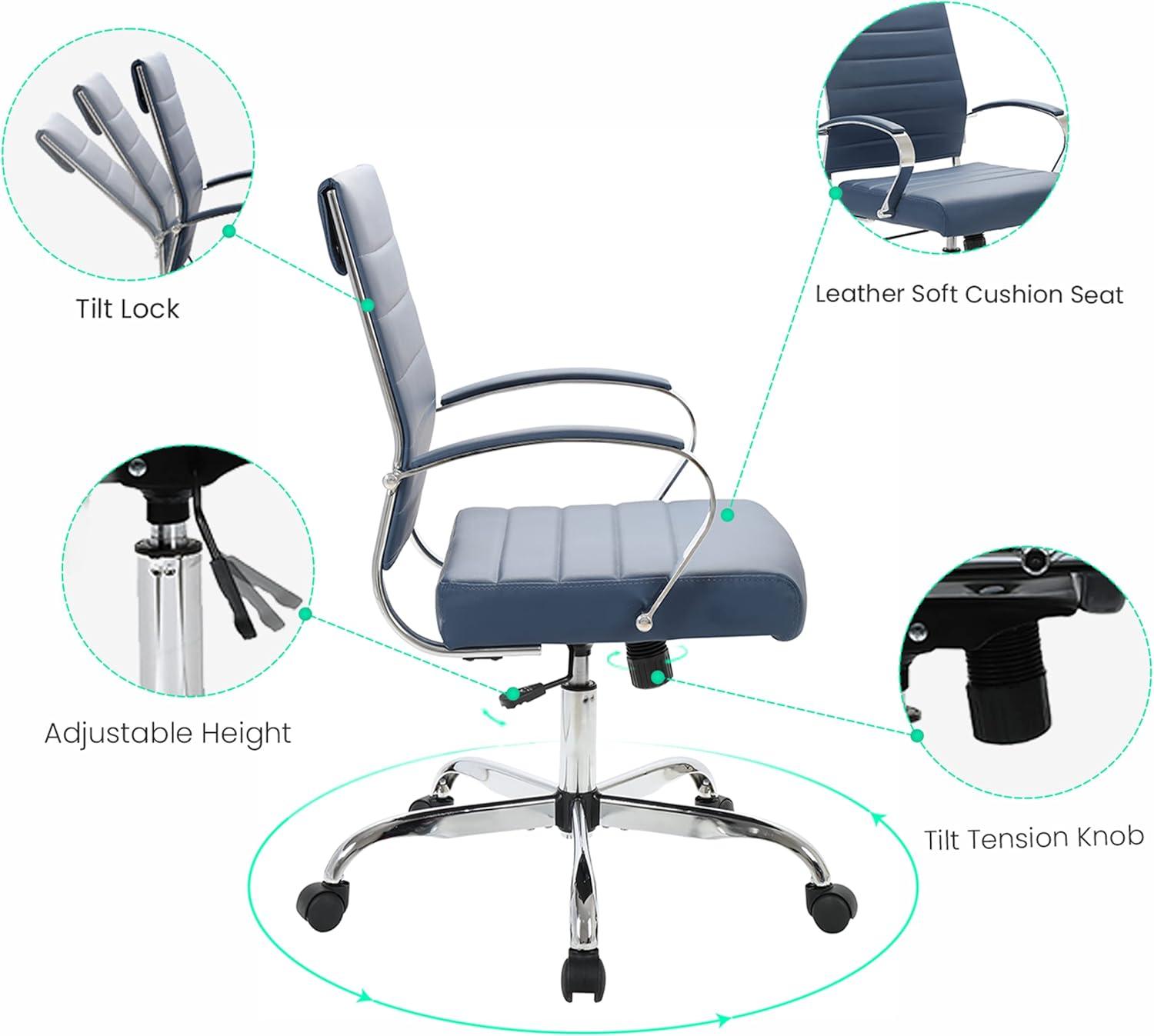 LeisureMod Benmar Mid-Back Office Conference Chair Upholstered in Leather with Swivel and Tilt in Navy Blue