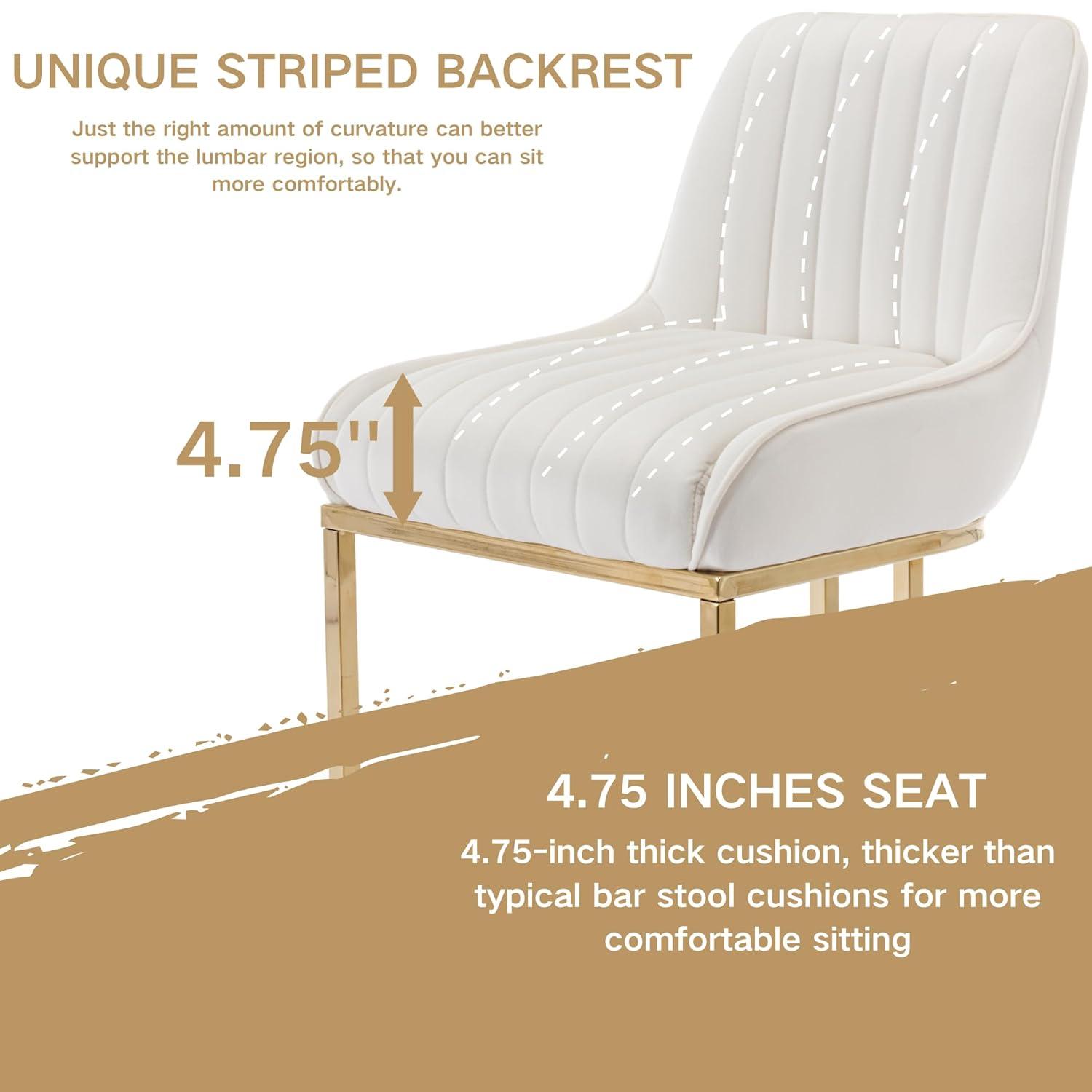 Counter Height Stools Set of 2, Velvet Bar Stools with 27 Inches Upholstered Seat Height, Handmade Woven Back Armrest, Sturdy Golden Metal Legs for Home Dining Pub Kitchen Island, Beige