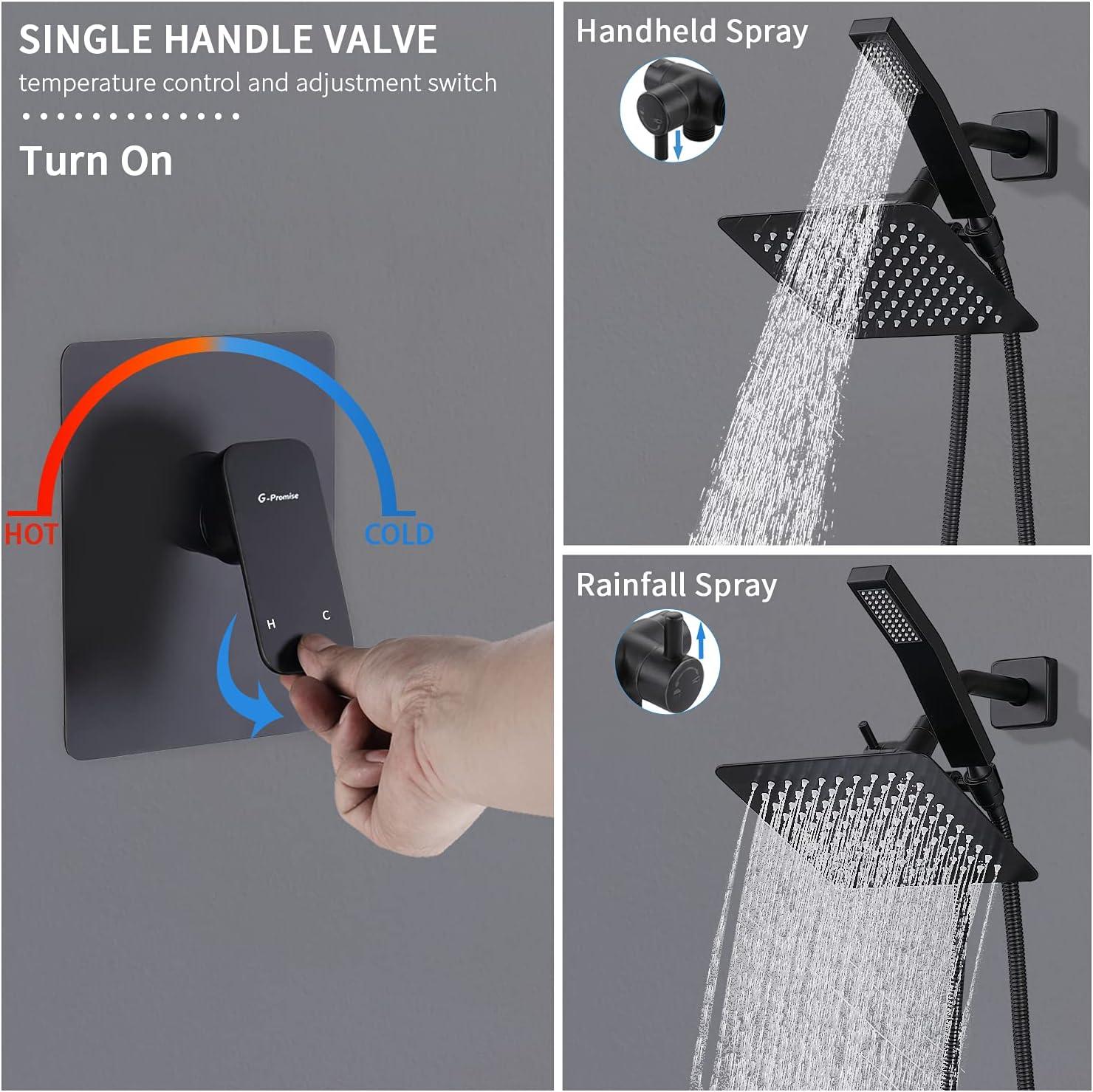 All Metal Shower Faucet Set, Dual Square Shower Head System with Handheld Wand, Diverter, Hose Complete Combo, Pressure Balance Rough-in Valve Included