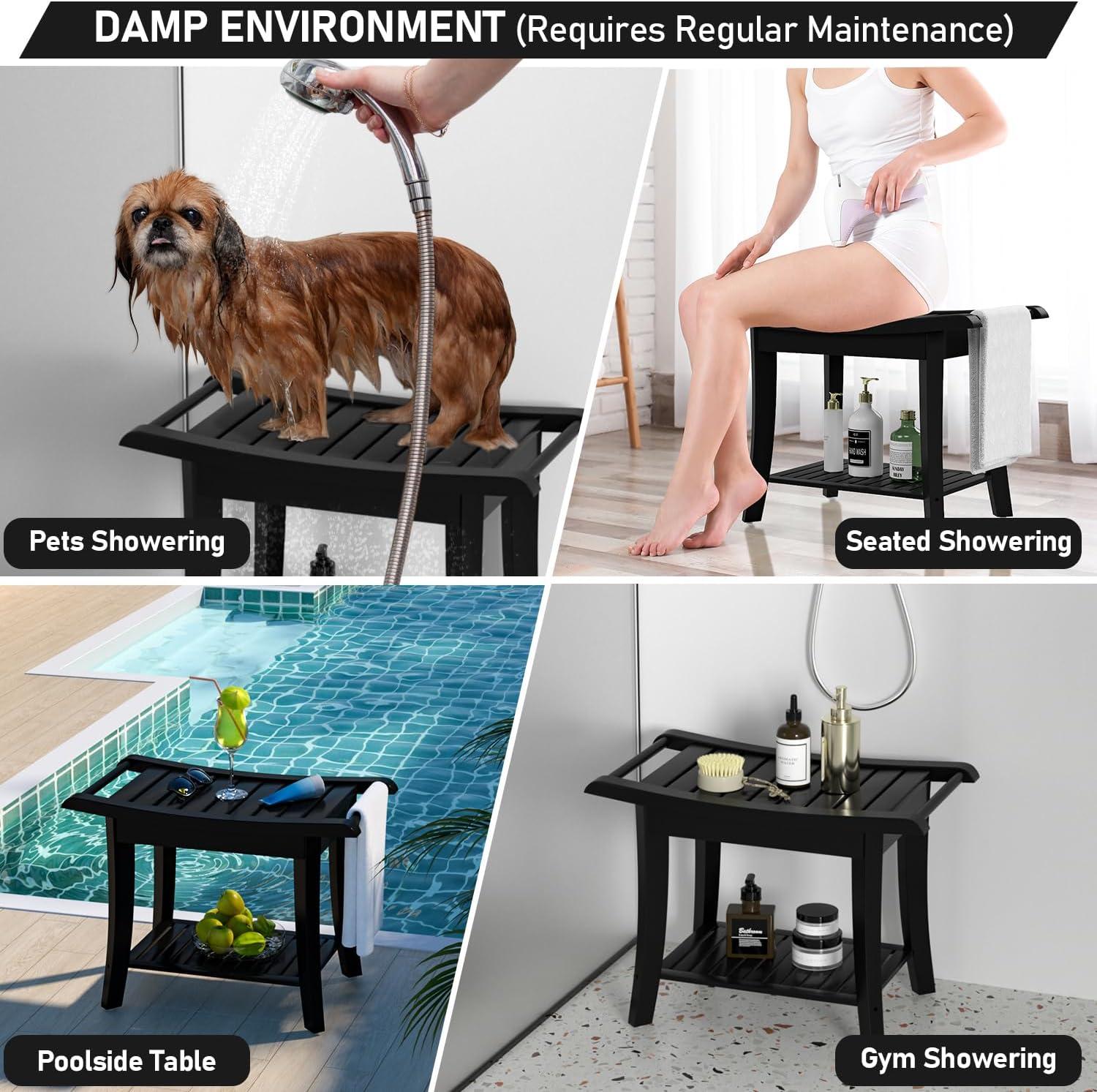 Black Bamboo Waterproof Shower Stool with Storage Shelf