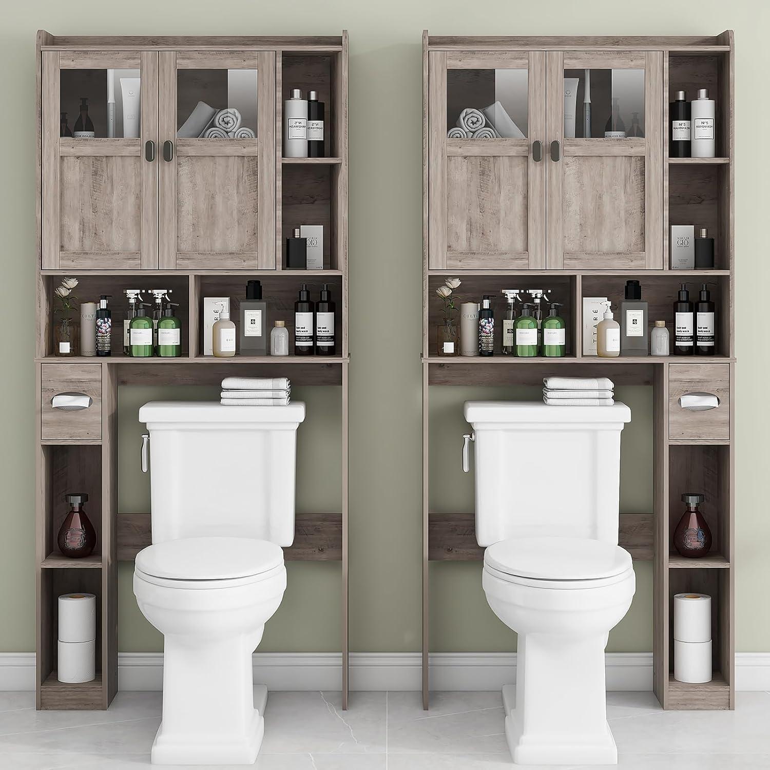 Bathroom Shelf Over Toilet with Glass Doors and Adjustable Shelves