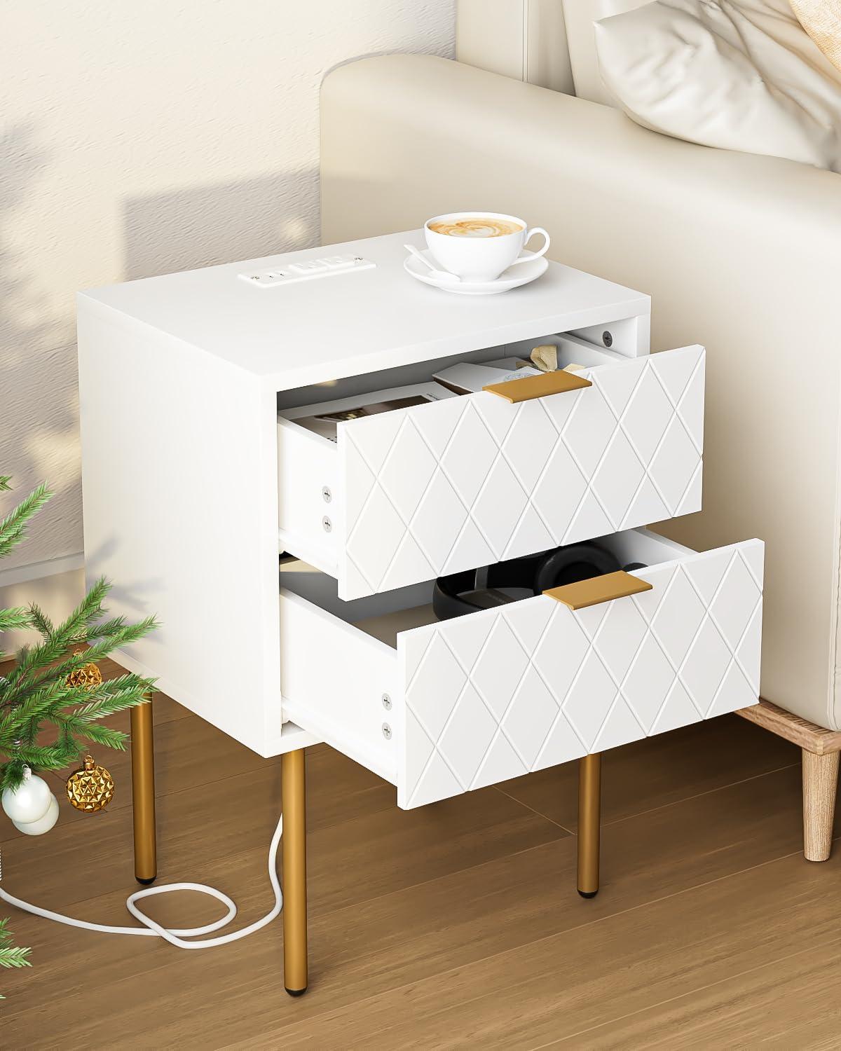 White and Gold Modern Nightstand with Drawer and Shelf