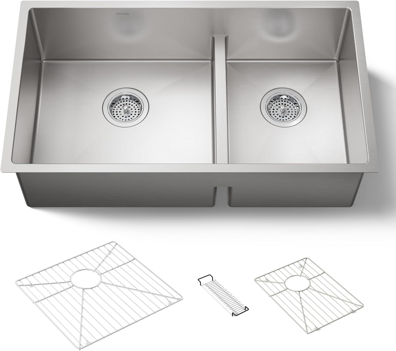 Strive 32" L x 18-5/16" W x 9-5/16" Smart Divide Under-Mount Large/Medium Double-Bowl Kitchen Sink with Basin Rack