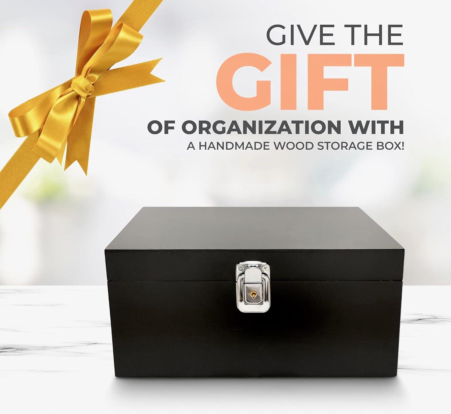 Black Wooden Storage Box with Hinged Lid and Locking Key- Large Keepsake Box with Lock - Wood Chest with Matte Finish - Store Jewelry Keepsakes Photos Gift Boxes (Black)