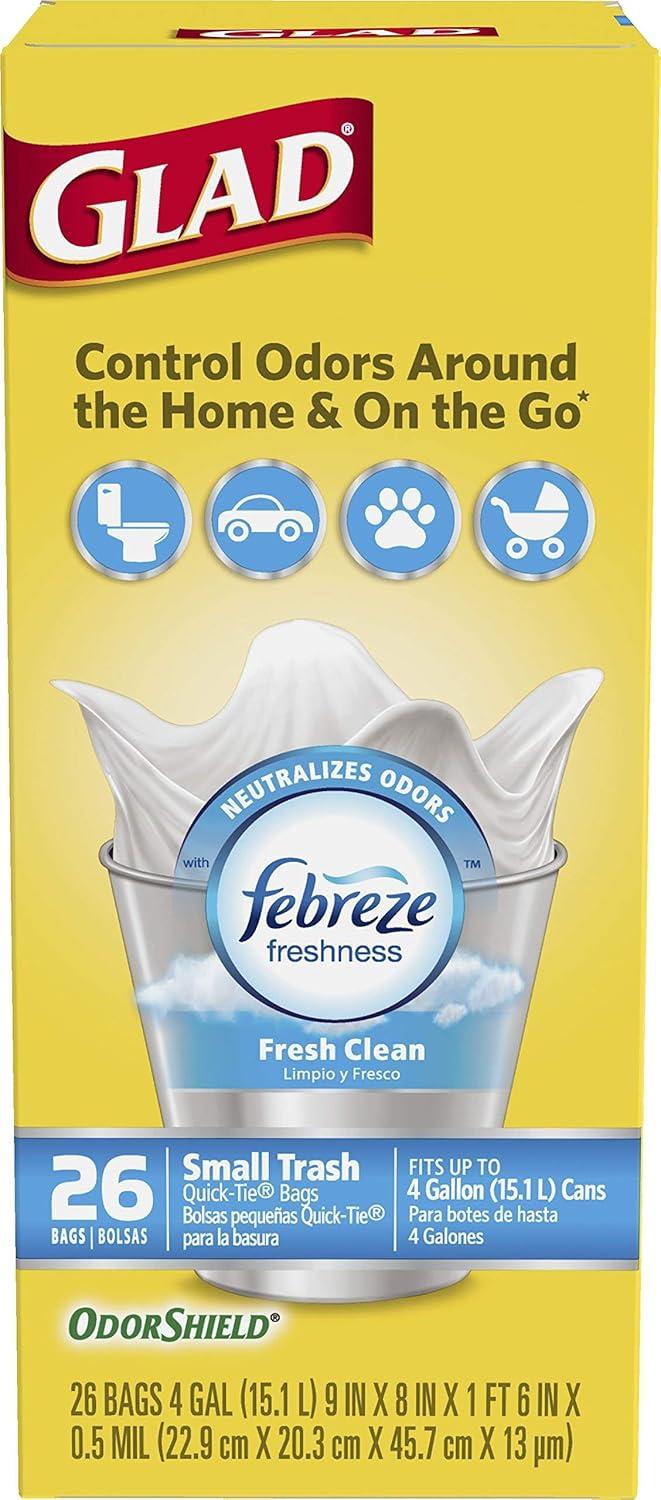 Glad OdorShield Small Trash Bags - Febreze Fresh Clean - 4 Gallon - 26 Count - 6 Pack