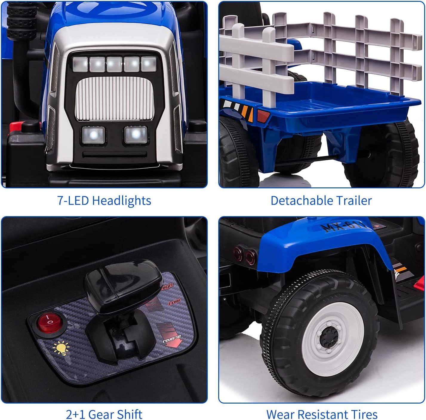 12V Blue Kids Ride-On Tractor with Trailer and Remote Control