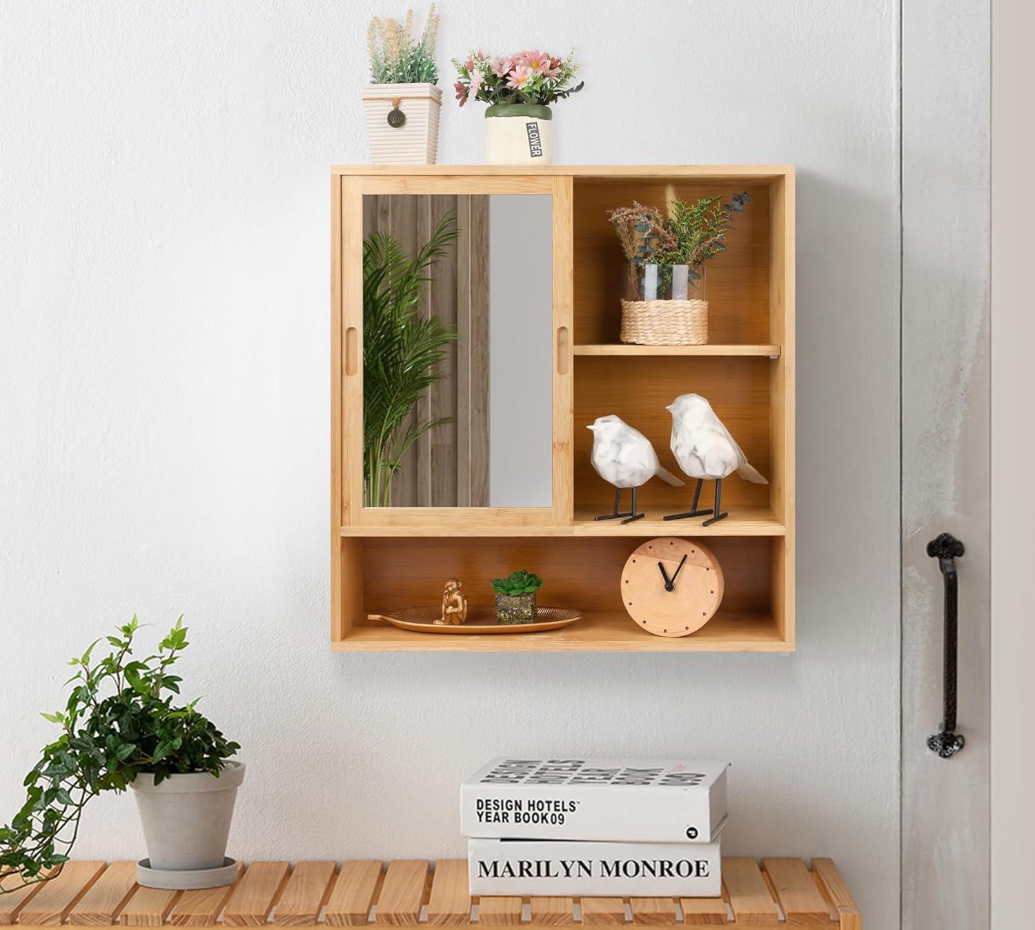 Bamboo Medicine Cabinet Mirror,Mirrored Cabinet With 2 Sliding Doors