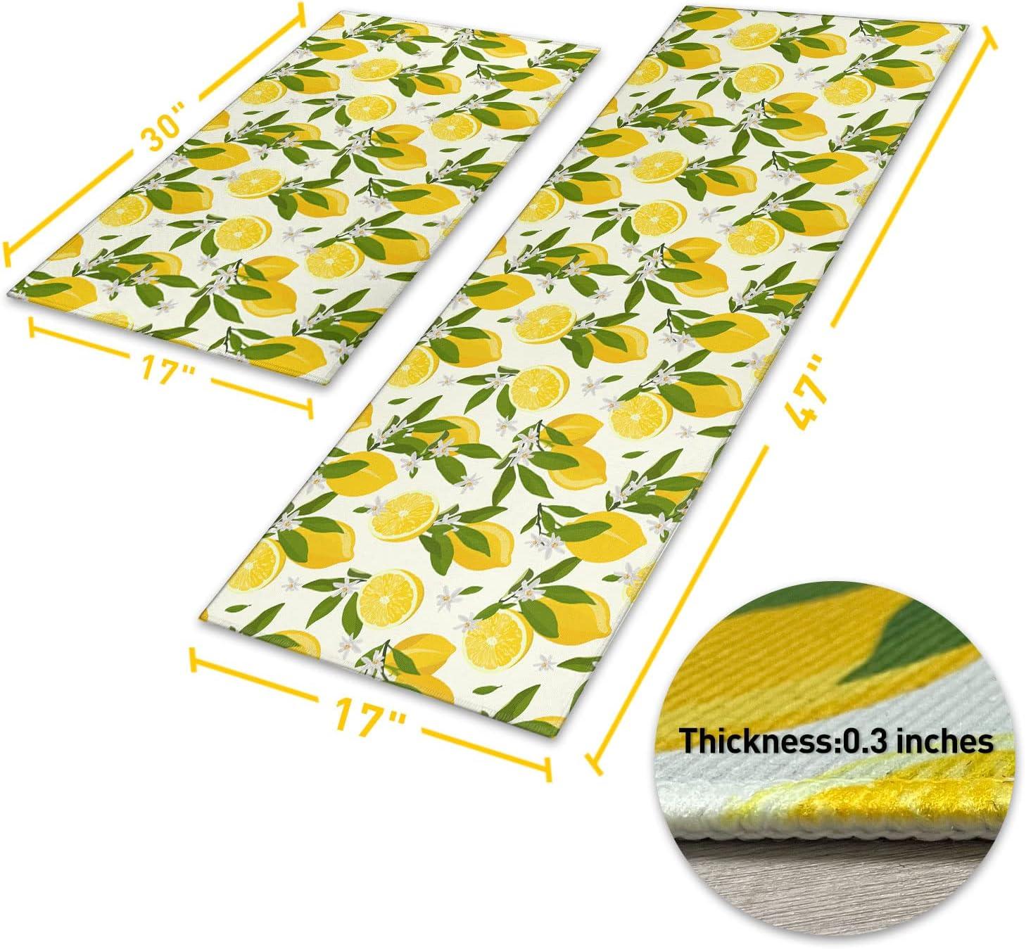 Lemon Kitchen Mats Cushioned Anti Fatigue 2 Piece Set, Memory Kitchen Mat Set Of 2, Farmhouse Kitchen Runner Rug and Waterproof Kitchen Mat for Home Kitchen Decor or Office 17"x30"+17"x47"