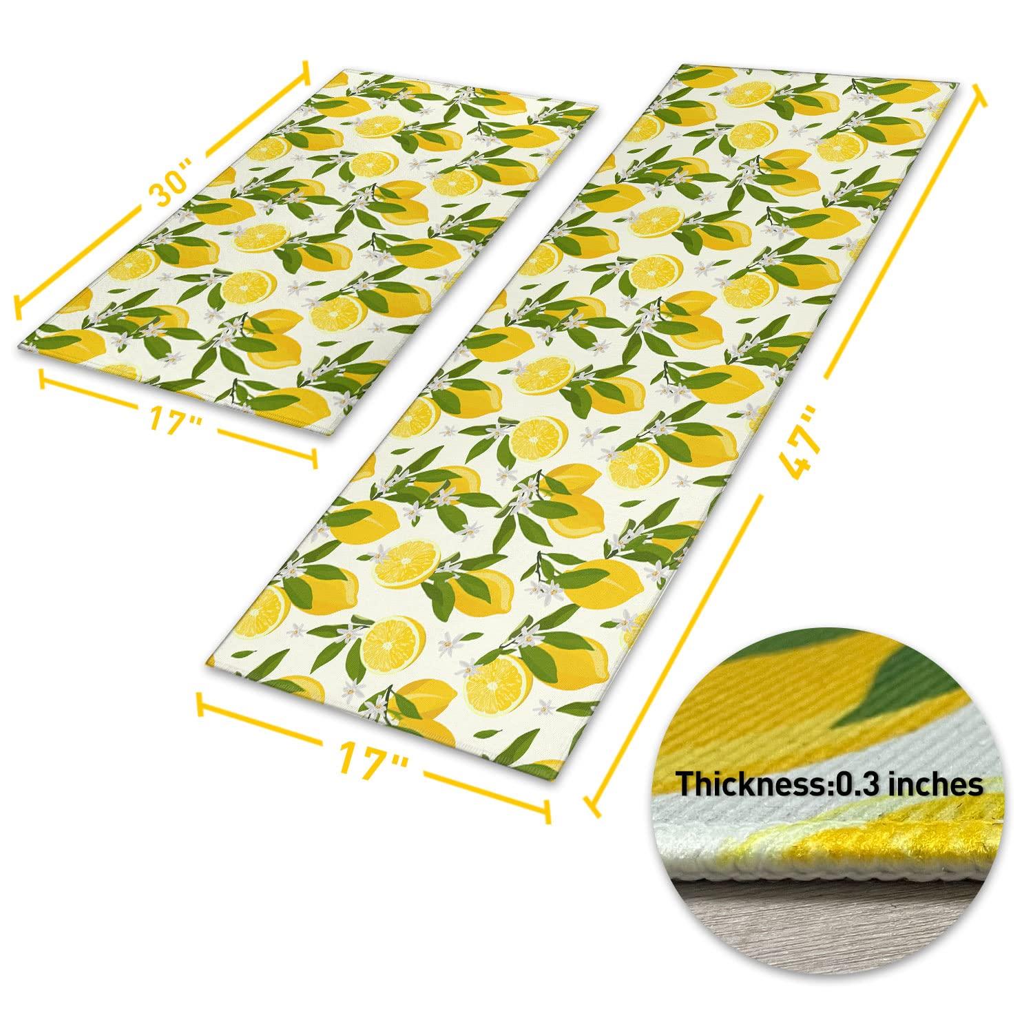 Lemon Kitchen Mats Cushioned Anti Fatigue 2 Piece Set, Memory Kitchen Mat Set Of 2, Farmhouse Kitchen Runner Rug and Waterproof Kitchen Mat for Home Kitchen Decor or Office 17"x30"+17"x47"
