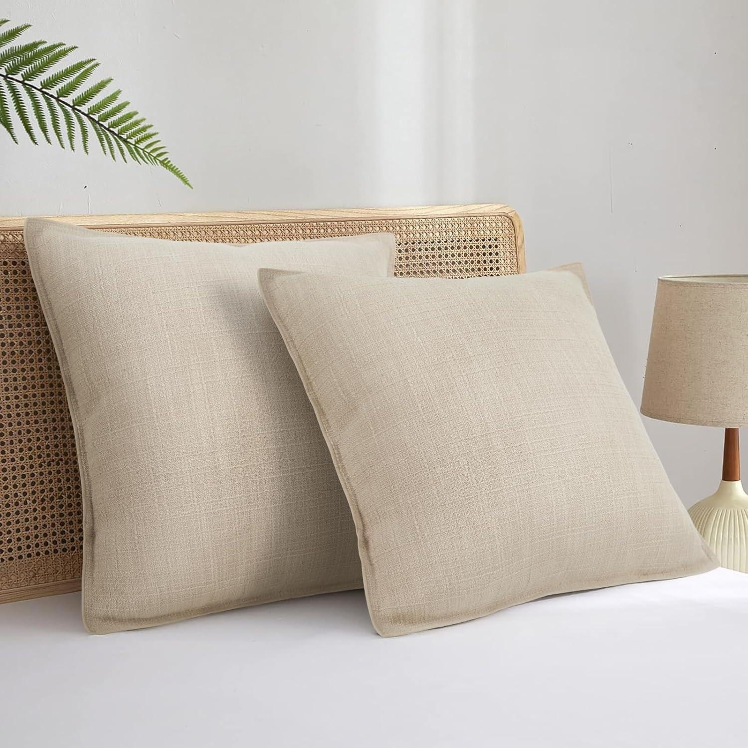 MADIZZ Set of 2 Linen Throw Pillow Covers with Broad Edge Soft Boho Decorative Pillow Cases for Sofa Bedroom Modern Pillow Shell 18x18 Inch Beige