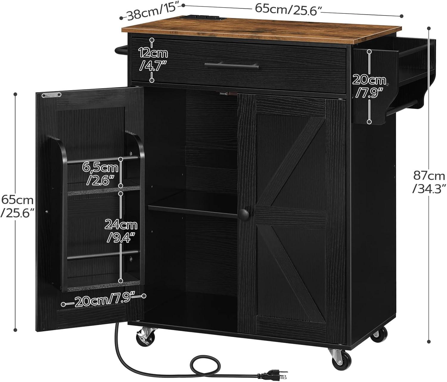 Rustic Brown and Black Rolling Kitchen Island with Power Outlet