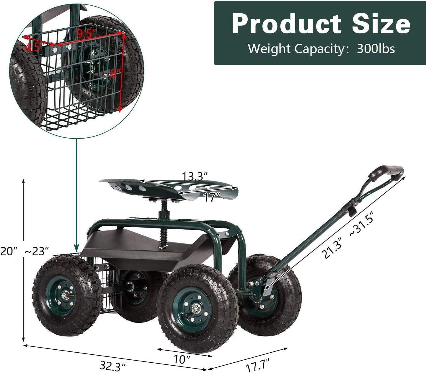 Green Heavy-Duty Steel Rolling Garden Cart with Tool Tray