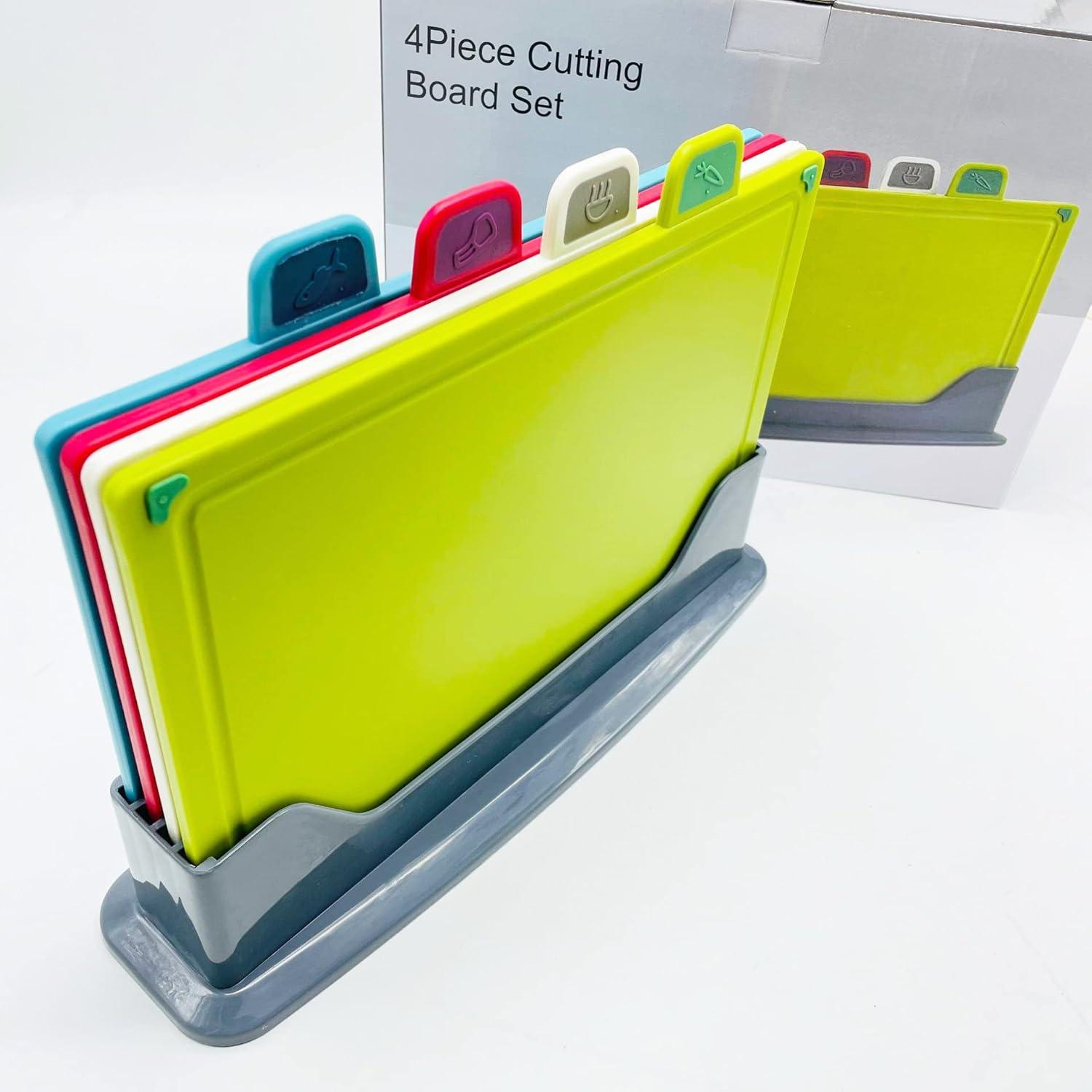 Casdewin Chopping Board Set,Plastic Chopping Boards with Stand,Kitchen Cutting Board,Colour Coded Boards for Chopping,Non Slip,Dishwasher Safe 20x30cm,Set of 4