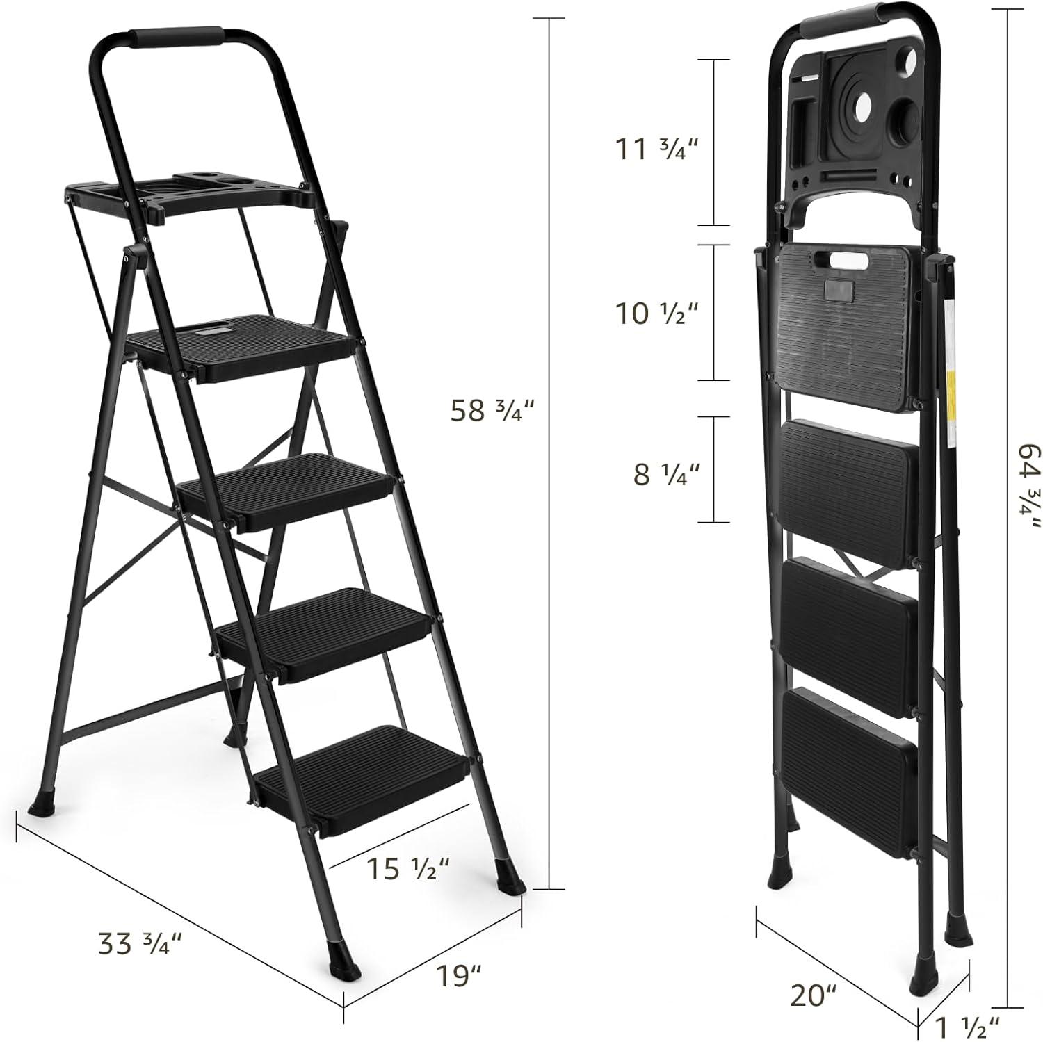 4-Step Ladder with Tool Platform, Wide Anti-Slip Platform & Thick Rubber Feet - Lightweight Heavy Duty Foldable & Portable - 330 lbs Capacity, Rubber Handgrip, Folding Step Stool - Black