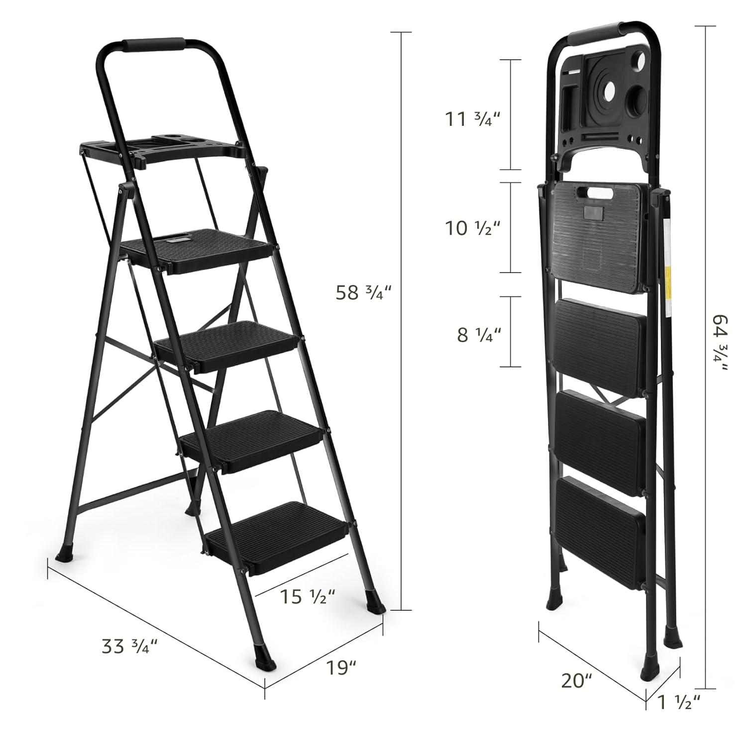 4-Step Ladder with Tool Platform, Wide Anti-Slip Platform & Thick Rubber Feet - Lightweight Heavy Duty Foldable & Portable - 330 lbs Capacity, Rubber Handgrip, Folding Step Stool - Black