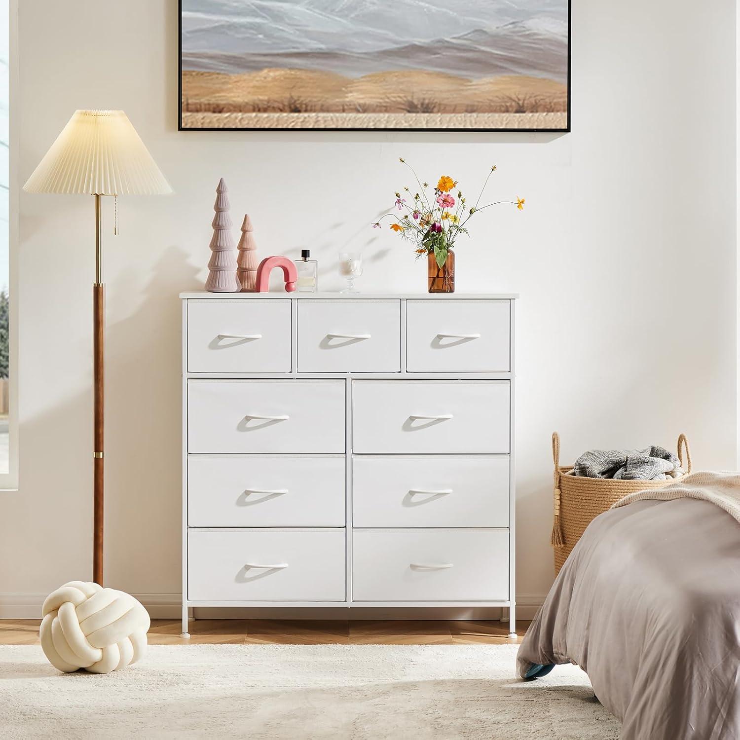 Yanming Fabric Storage Dresser with 9 Drawers, Steel Frame and Wooden Top for Bedroom, Closet, Entryway and Nursery, White