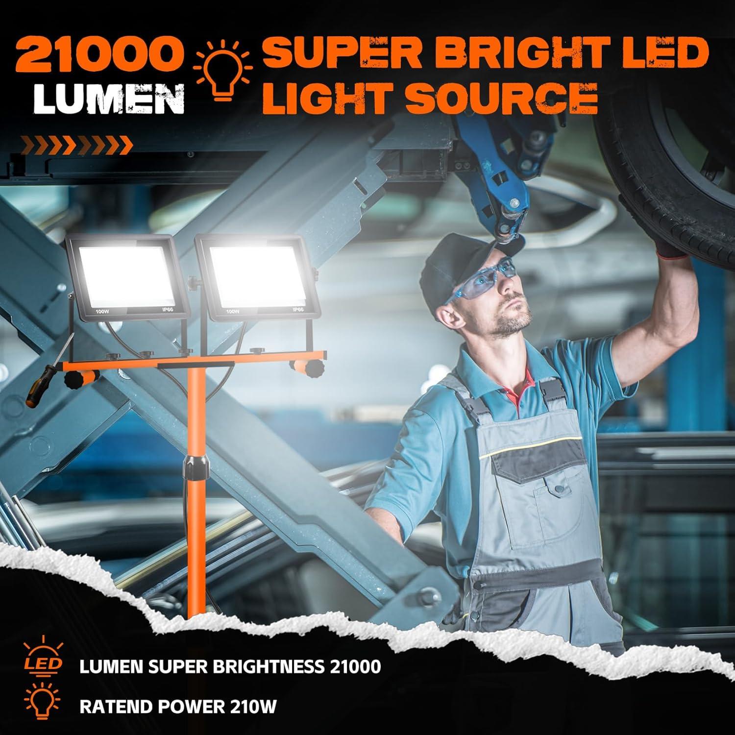 21000 Lumen Work Lights with Stand，3 Adjustable Head LED Work Light, with Adjustable and Foldable Tripod Stand, Waterproof Lamp with Individual Switch with 6500 Kelvin Color Temperature
