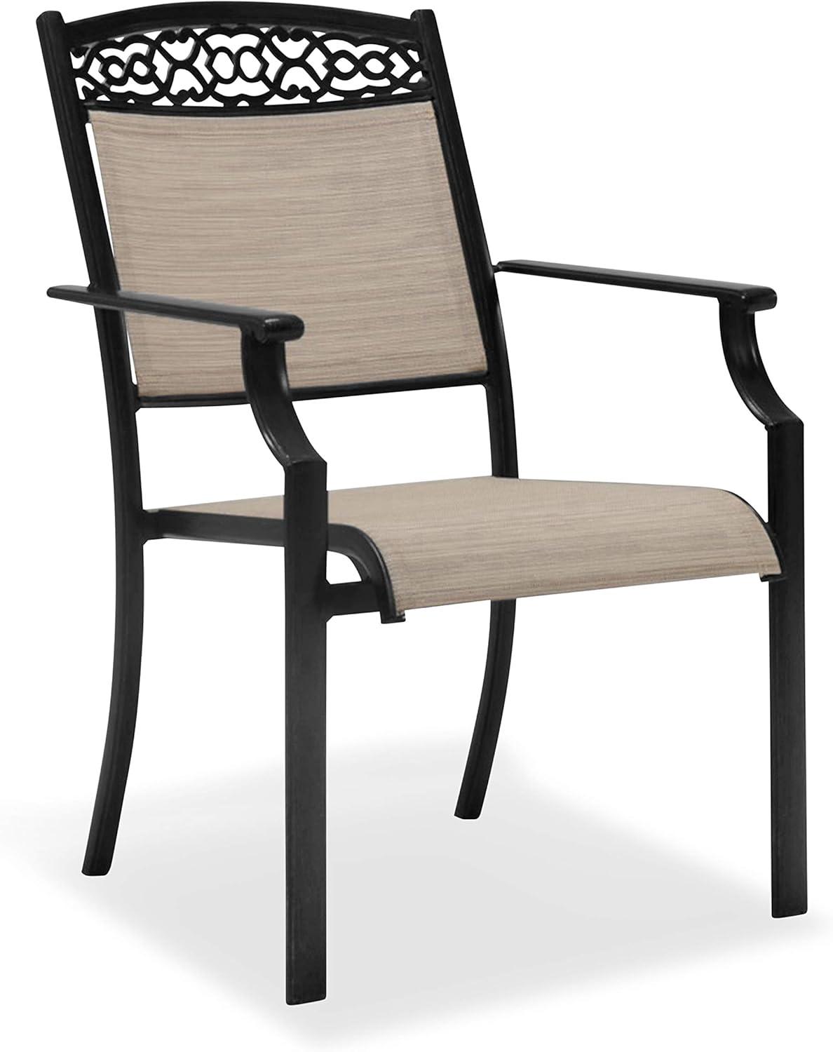 Hanover Lisbon 7-Piece Set: 6 Sling Stationary Chairs and 39 in. x 68 in. Cast-Top Dining Table in Tan, LISBON7PC-TAN