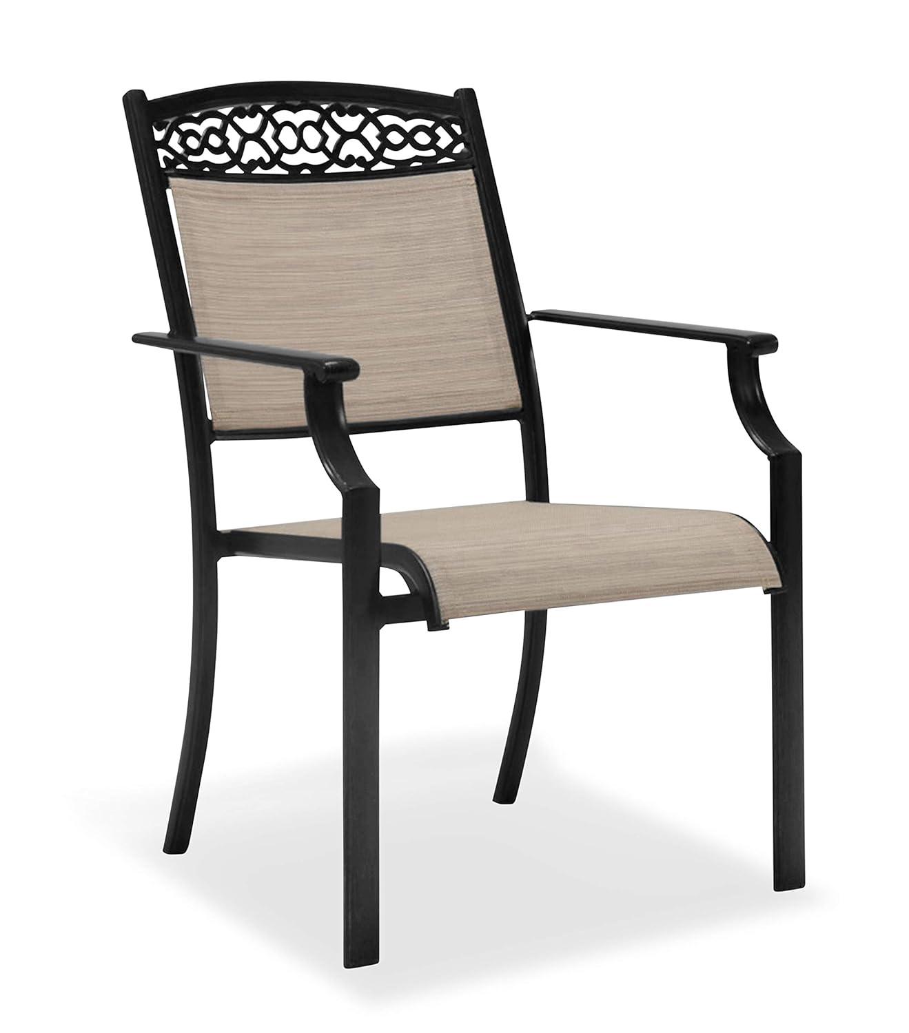 Hanover Lisbon 7-Piece Set: 6 Sling Stationary Chairs and 39 in. x 68 in. Cast-Top Dining Table in Tan, LISBON7PC-TAN