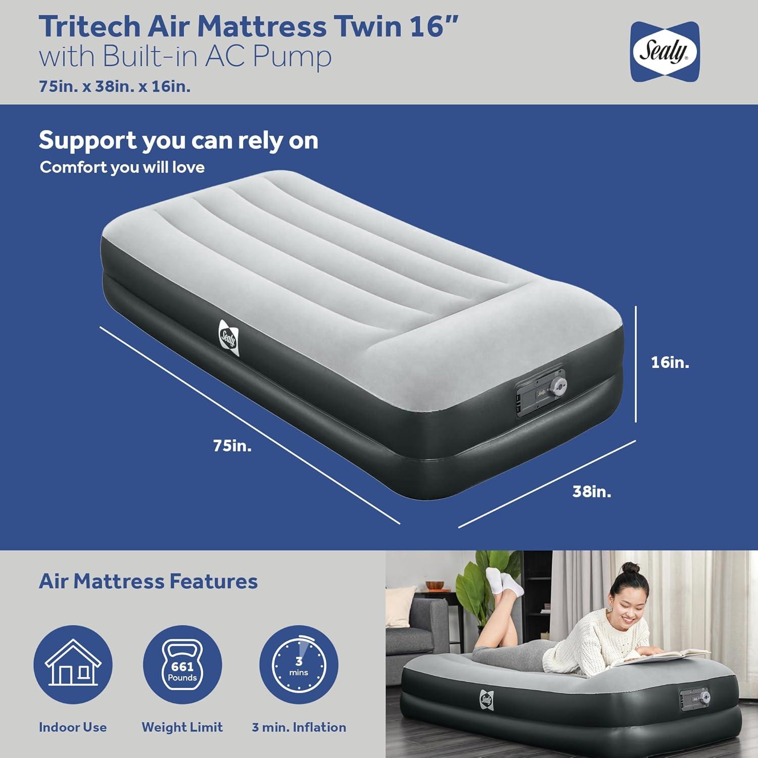 Sealy Tritech 16” Inflatable Air Mattress Bed with Built-in Pump, Storage Bag, and Repair Patch for Indoor and Outdoor Use, Twin