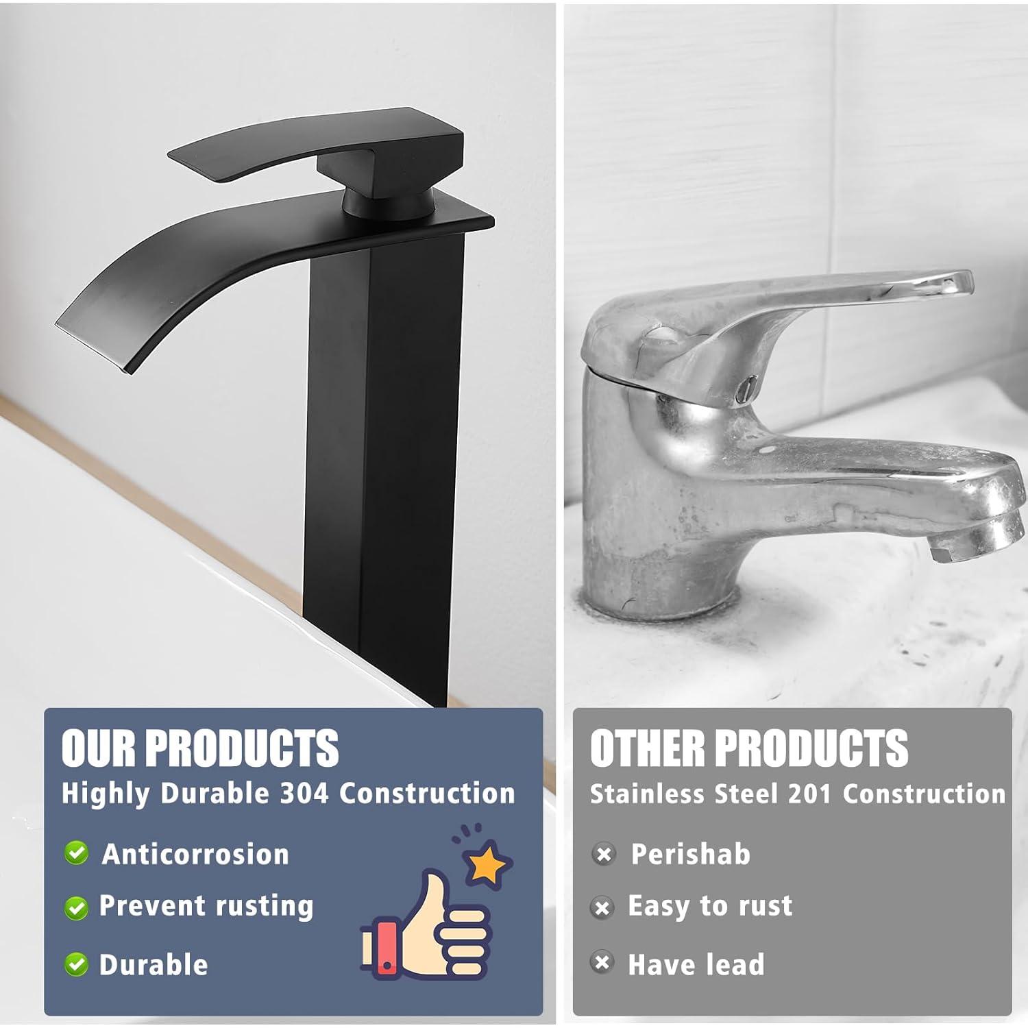 Waterfall Bathroom Faucet Single Handle，Bathroom Sink Faucet 1 Hole，Waterfall Faucet for Bathroom Sink，Vessel Sink Faucet Matte Black Tall Bathroom Faucet