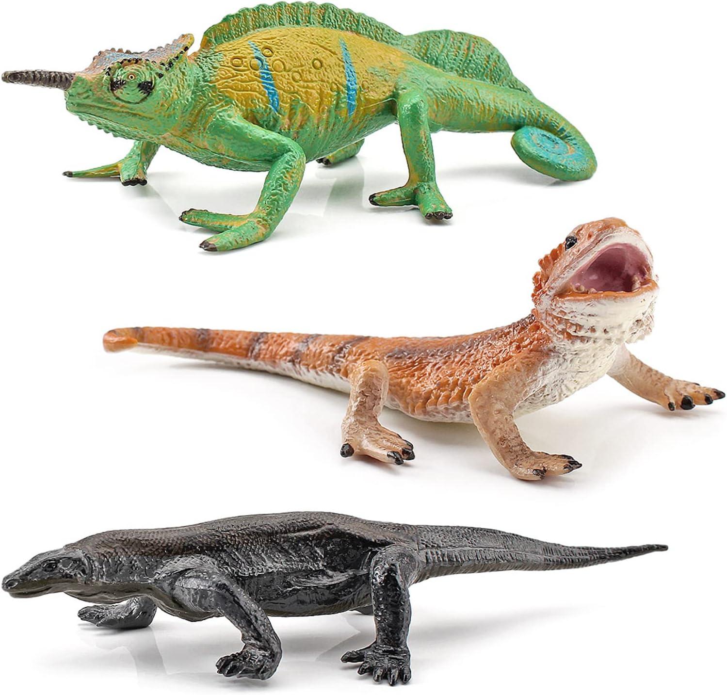 3PCS Plastic Lizard Figure Bearded Dragon Toy Forest Chameleon Woodland Animal Figurines Toys Set Plastic Animals Figure Gift for Kids Birthday 3 4 5 6 Year Old