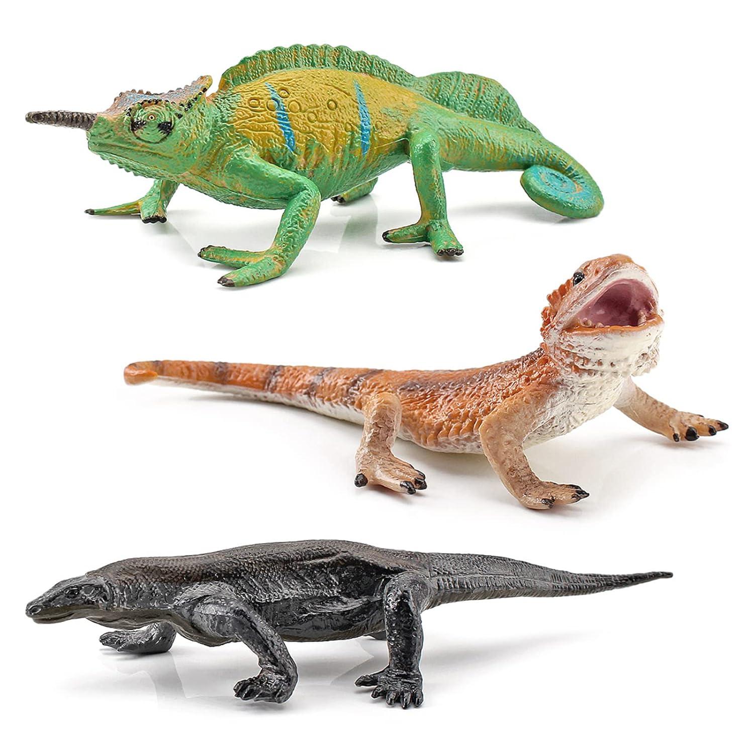3PCS Plastic Lizard Figure Bearded Dragon Toy Forest Chameleon Woodland Animal Figurines Toys Set Plastic Animals Figure Gift for Kids Birthday 3 4 5 6 Year Old