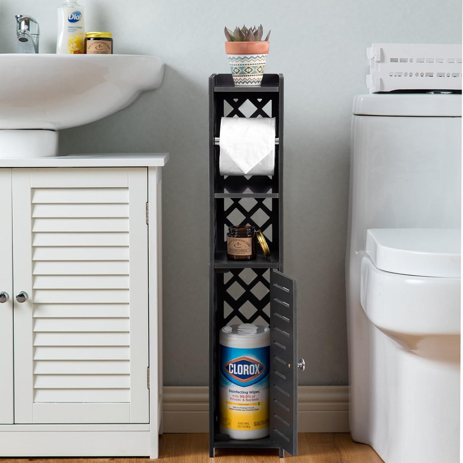 Danhires Toilet Paper Storage Cabinet,Toilet Paper Holder Stand,Bathroom Storage Cabinet With Roller,Slim Storage Cabinet For Small Space,Black