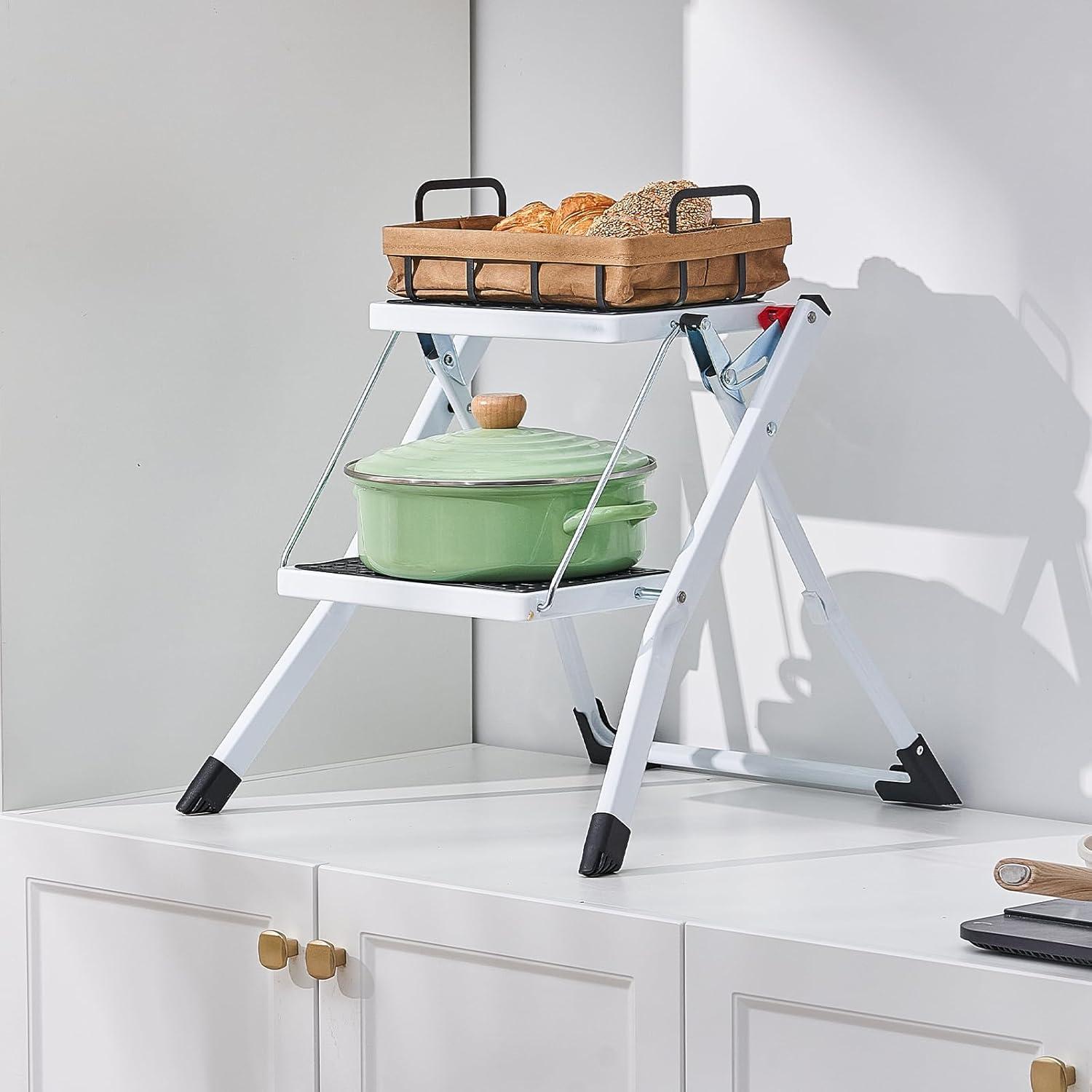 Foldable White Steel 2-Step Ladder with Anti-Slip Pedal