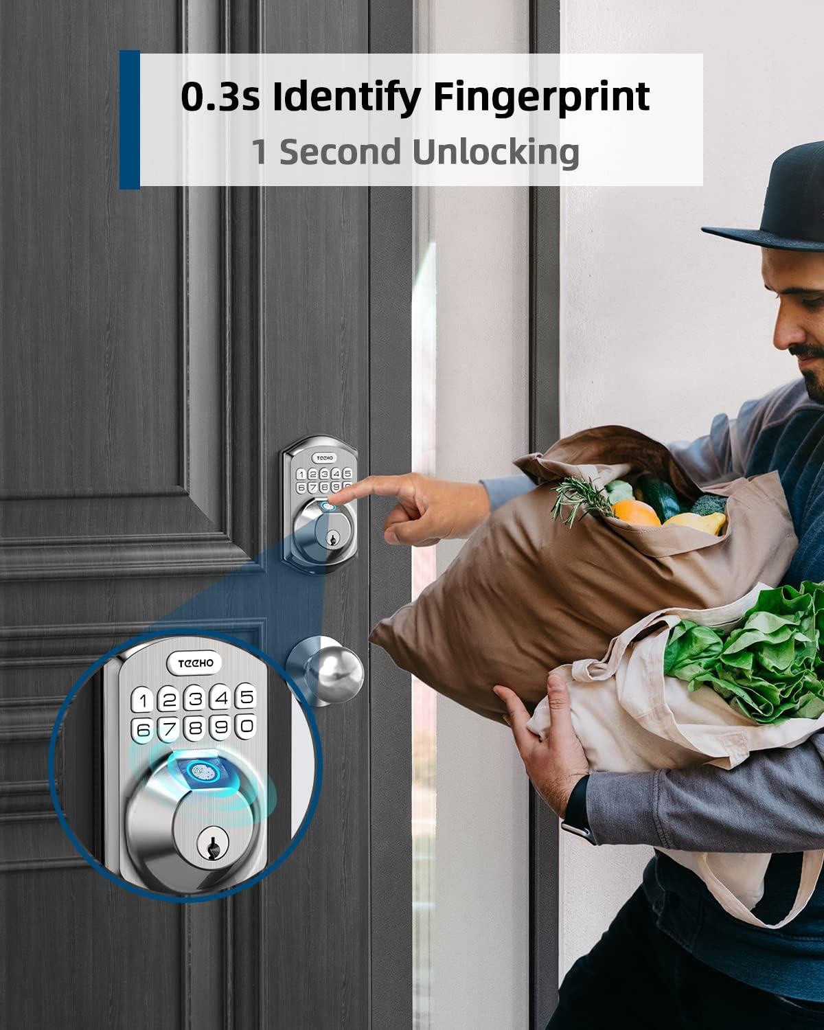 TEEHO Fingerprint Door Lock, Keyless Entry Smart Lock, Electronic Deadbolt Digital Doors Locks Fingerprint/Keypad Code/Key For Front Door Easy Installation-Satin Nicke