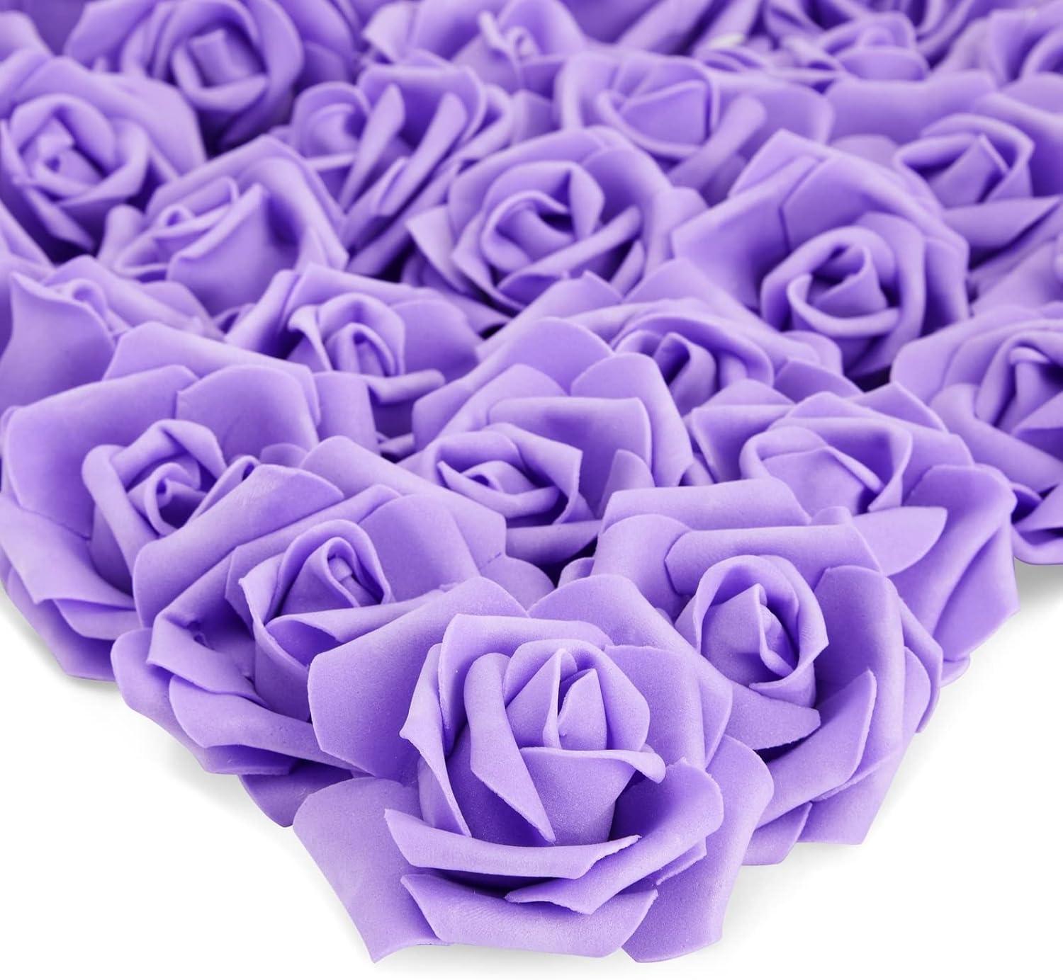 Juvale 100 Pack Purple Artificial Flowers, Bulk Stemless Fake Foam Roses for Wedding, Decorations, Bouquets, 3 in