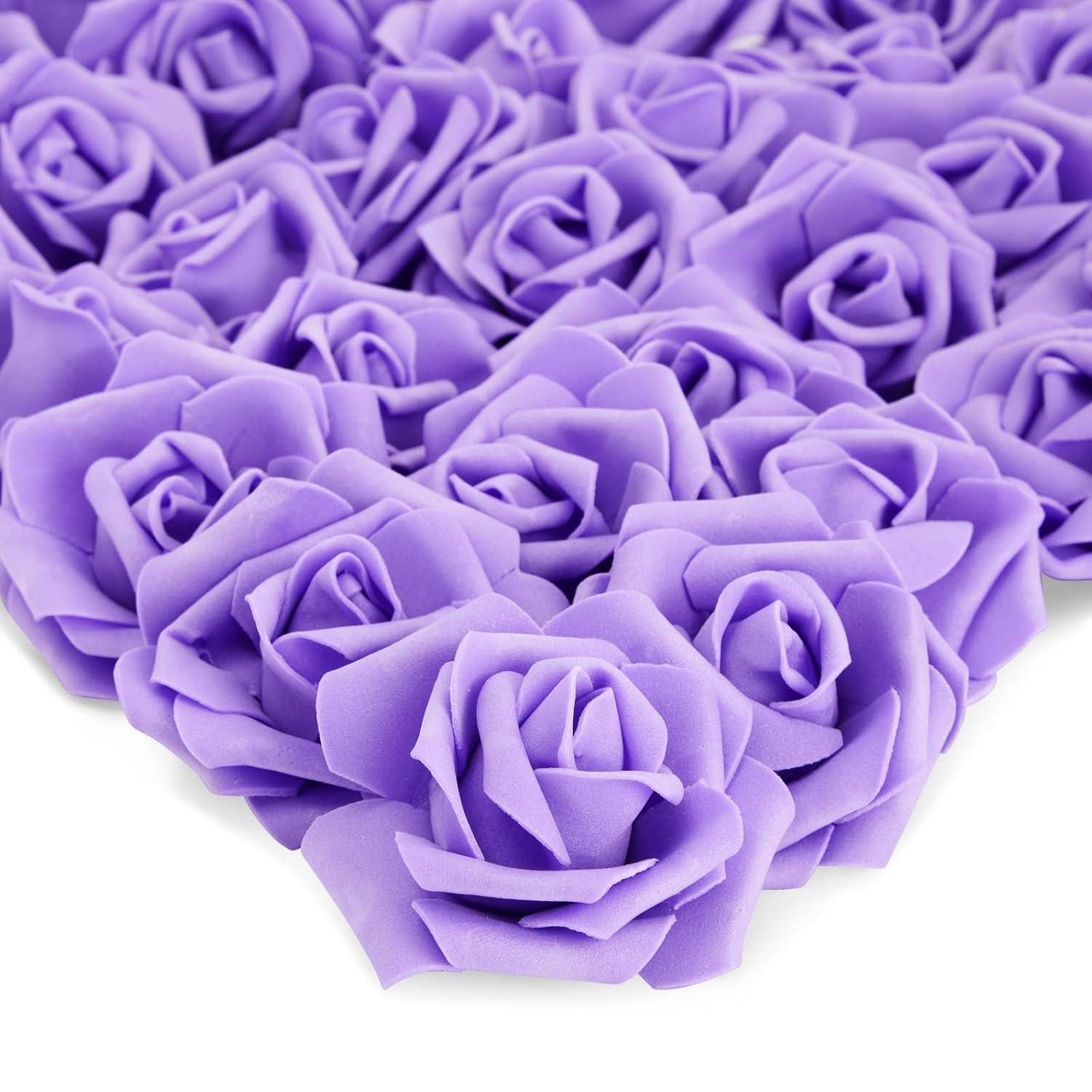 Juvale 100 Pack Purple Artificial Flowers, Bulk Stemless Fake Foam Roses for Wedding, Decorations, Bouquets, 3 in
