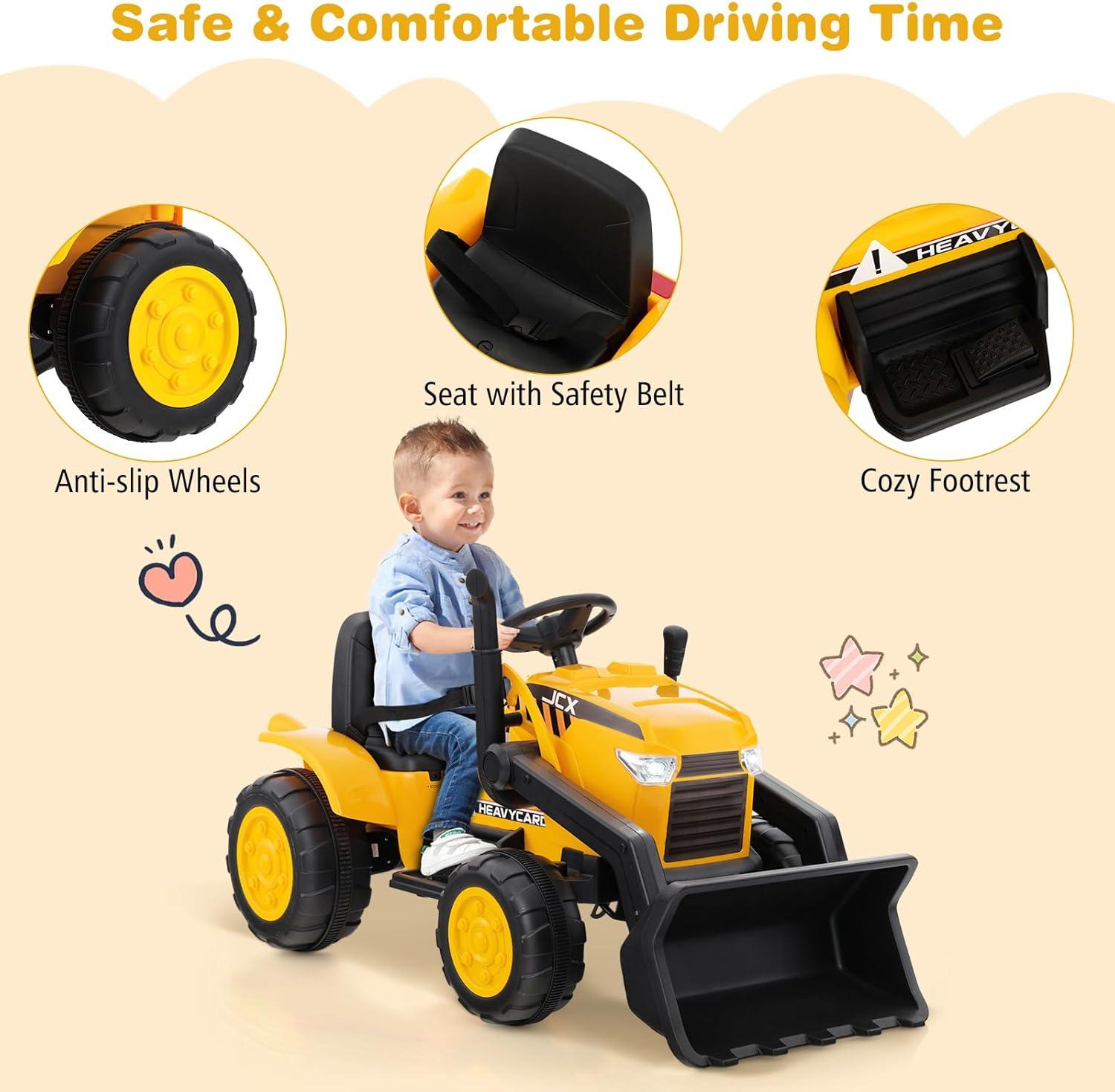 CIPACHO 12V Kid's Ride on Excavator with Adjustable Digging Bucket, 4WD Ride on Toys for Kids 3-8, Yellow