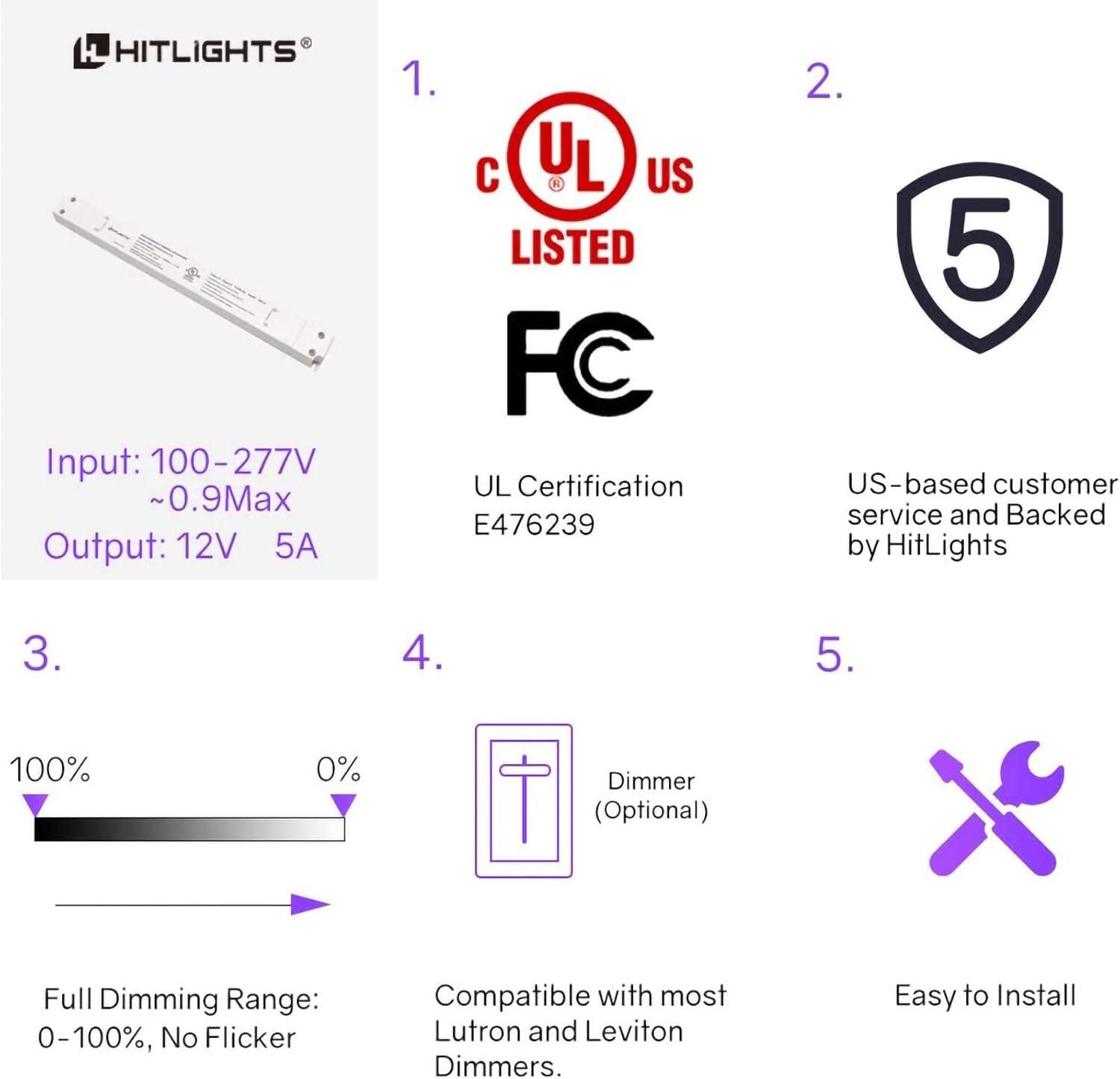HitLights 60W Dimmable LED Driver Transformer, Power Supply 100-277V AC to 12V DC, 5A, Compatible with Lutron Leviton Dimmers, for LED Strip Lights, Constant Voltage LED Projects, UL-Listed,White