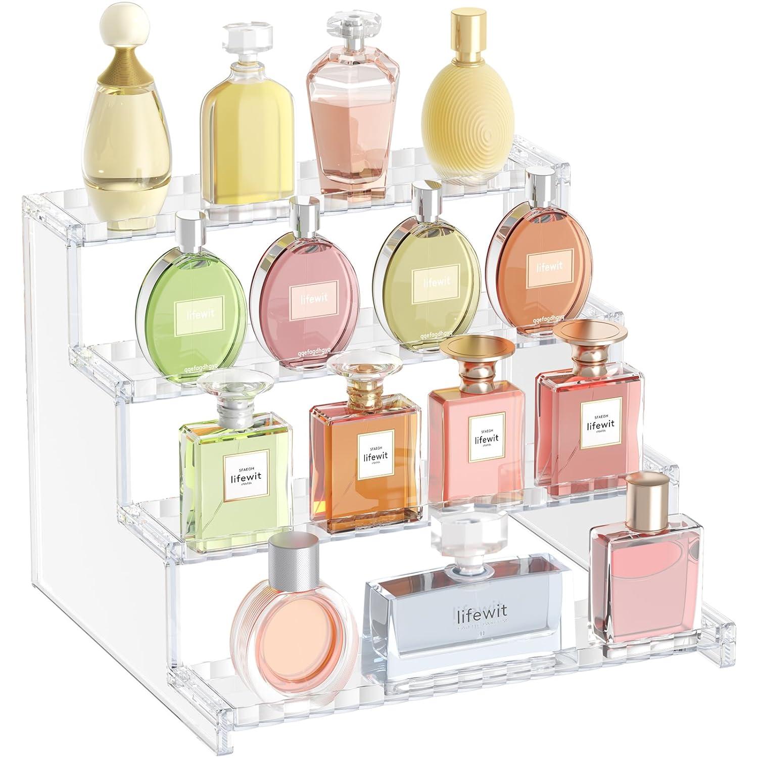 Lifewit 4 Tier Clear Display Risers Stand With Decorative Fences, Plastic 12 Inch Perfume Organizer, Display For Figures, Cupcake, Dessert, Desktop Stand For Organization And Decor, 1 Pack