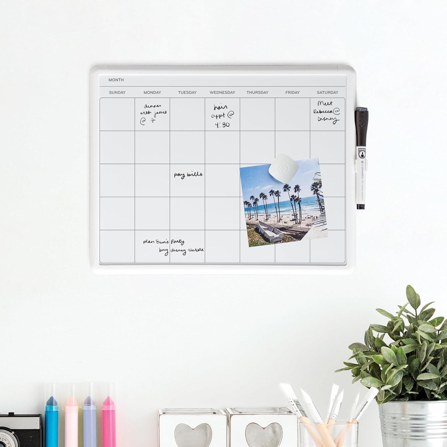 U Brands Magnetic Dry Erase Monthly Calendar, 14 x 11.66, White Surface, White Plastic Frame