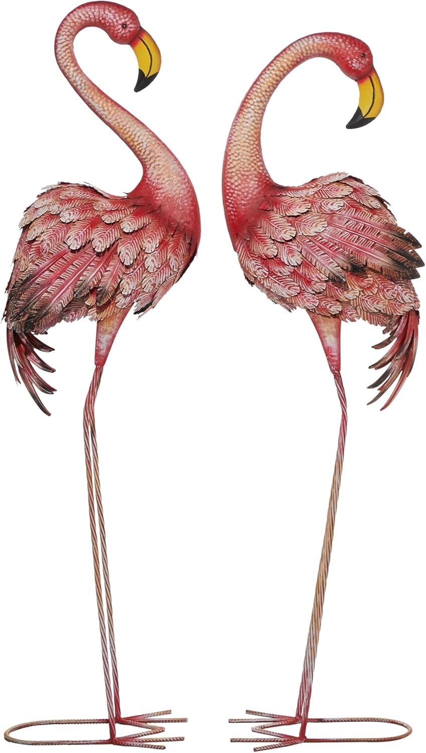 Pink and Yellow Iron Flamingo Garden Sculptures, Set of 2