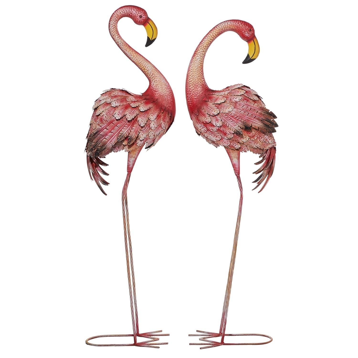 DecMode Coastal Outdoor Metal Standing Pink Flamingo Garden Sculpture, Set of 2 10"W x 38"H