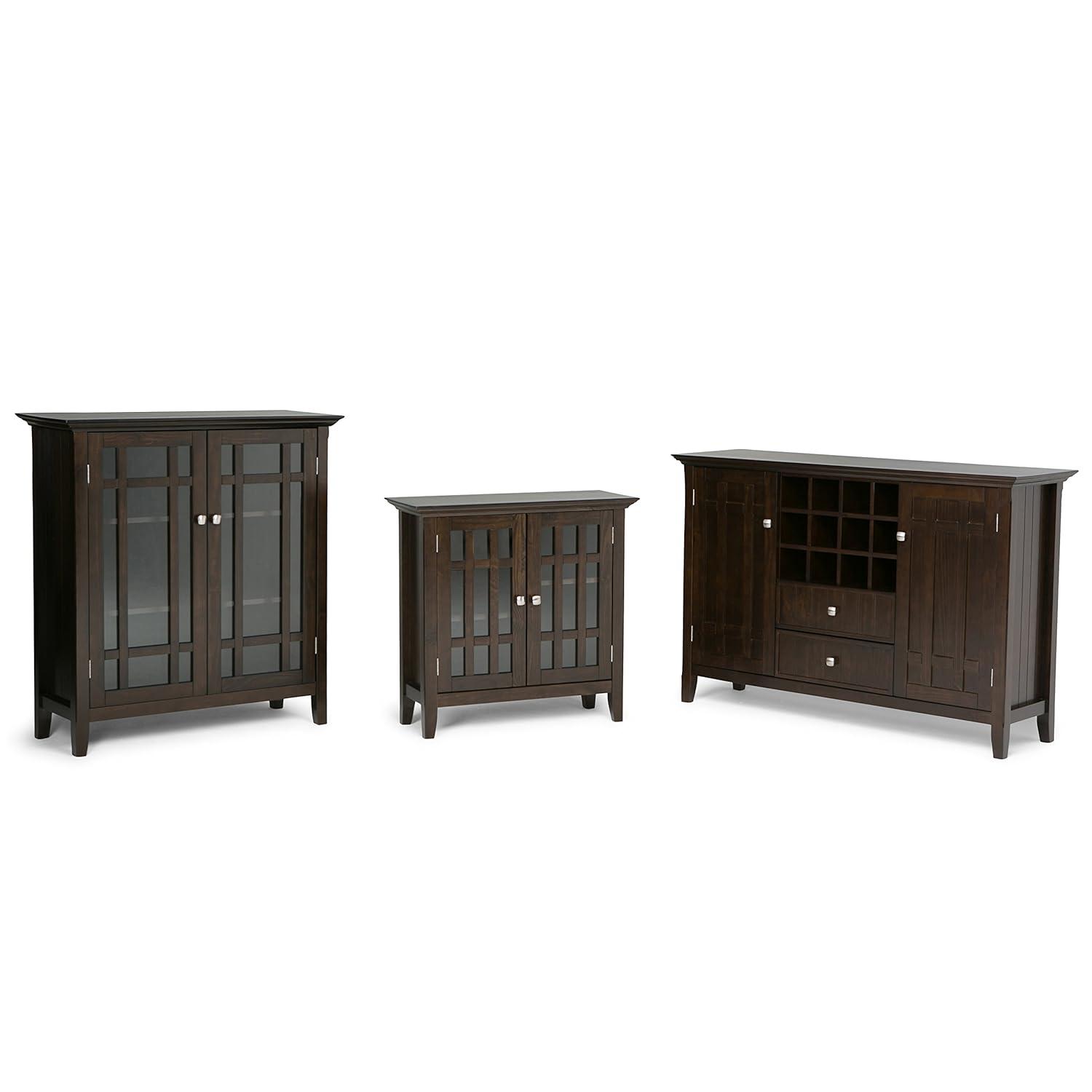Simpli Home Bedford 39"W Solid Wood 4-Shelf Medium Storage Cabinet with Glass Doors and Adjustable Shelves
