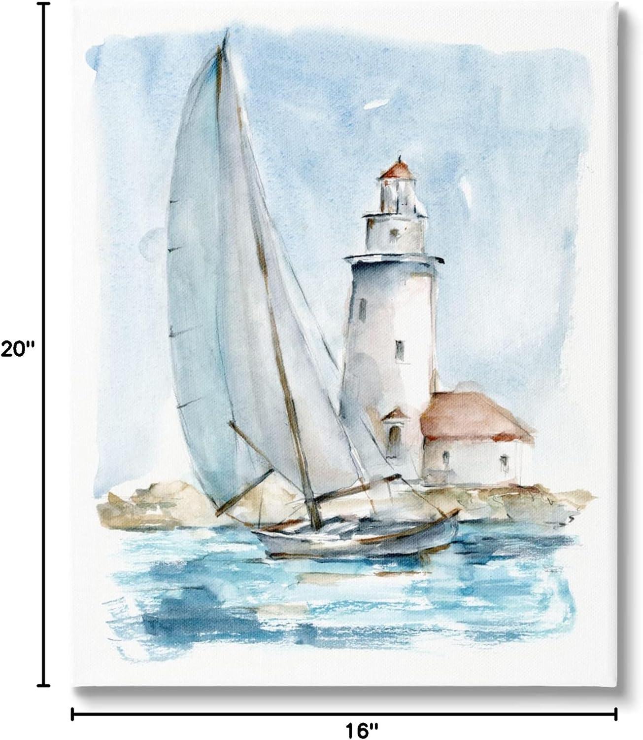 Stupell Industries Au-416-Canvas " Nautical Sailboat & Lighthouse " by Ethan Harper Painting Print