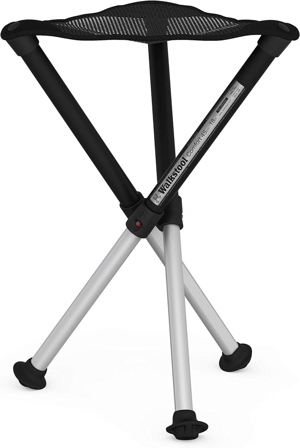 Walkstool - Comfort Model - Black and Silver - 3-legged folding stool made of aluminum - Height 18" - Folding stool, Capacity 440 - 550 Lbs - Made in Sweden