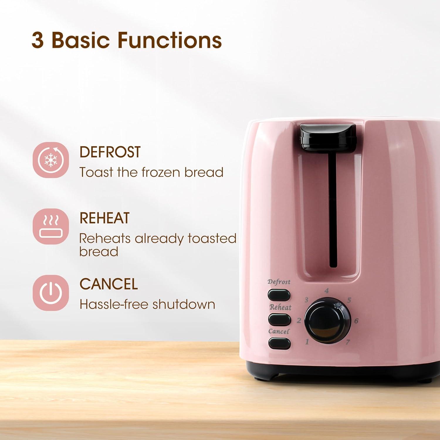 iSiLER 2 Slice Toaster, 1.3 Inches Wide Slot Bagel Toaster with 7 Shade Settings and Double Side Baking, Removable Crumb Tray, Defrost Cancel Function Pink