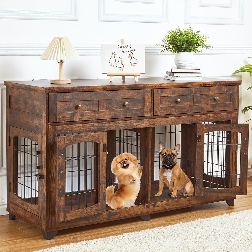 Dog Crate Furniture with 5 Doors, 58" Wooden Dog Kennel End Table with Large Capacity Drawers, Dog House with Openable Divider for Small/Medium/Large Dog,Dog Cage,Side End Table,Rustic Brown