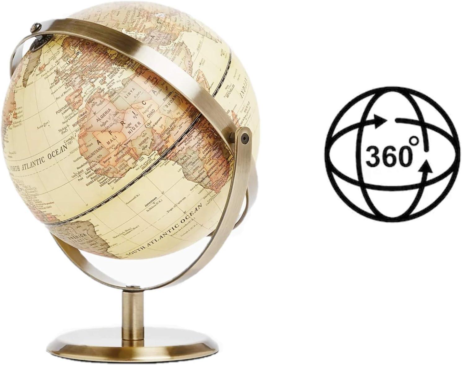 8-Inch Antique World Globe with Bronze Metal Base