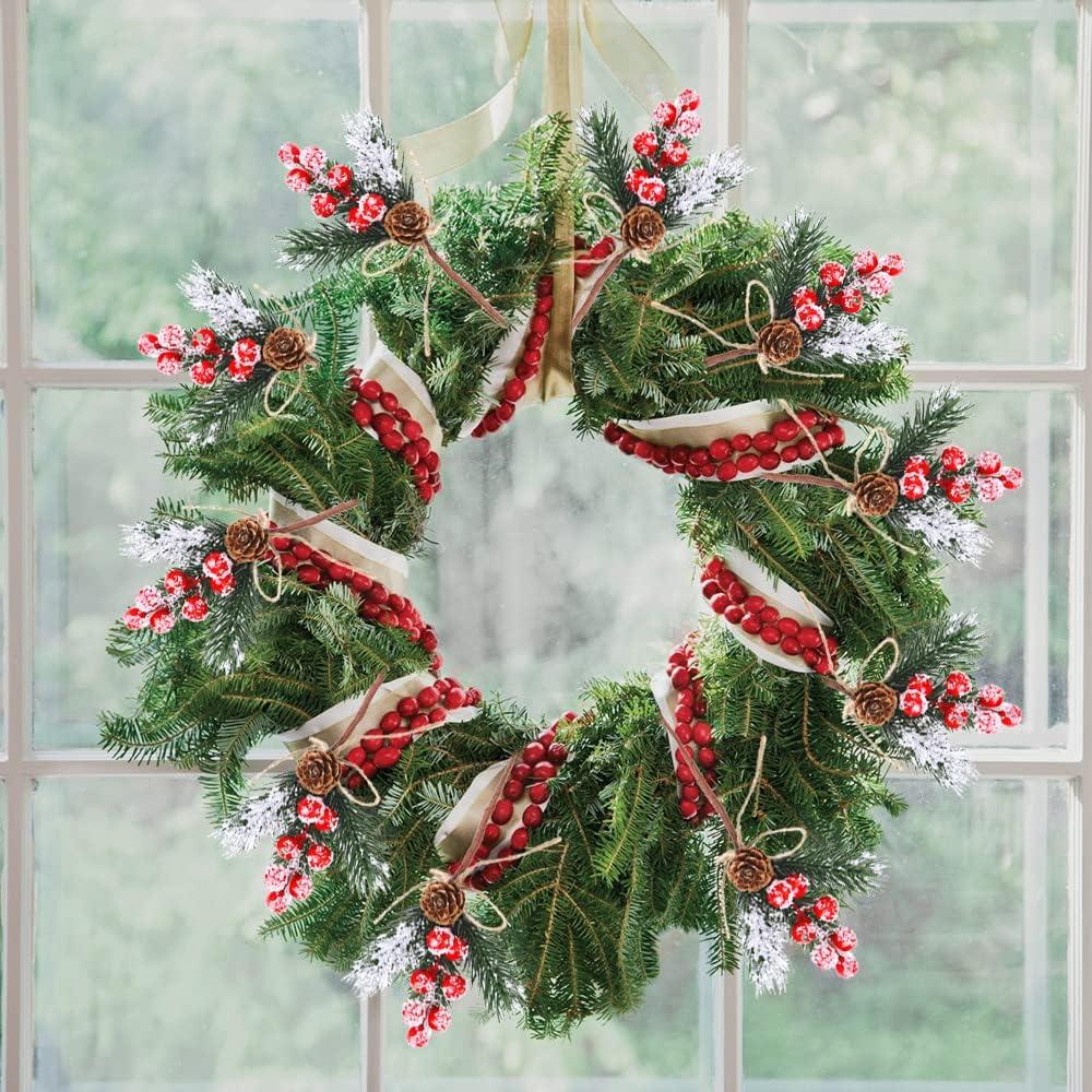 FUTERLY 10 Pcs Christmas Berries Pine Cones for DIY Crafts-Christmas Tree Picks Spray Evergreen Artificial Pine Branches Holly Stem,Xmas Garland Décor,Gift Wrap Embellishment (Red)