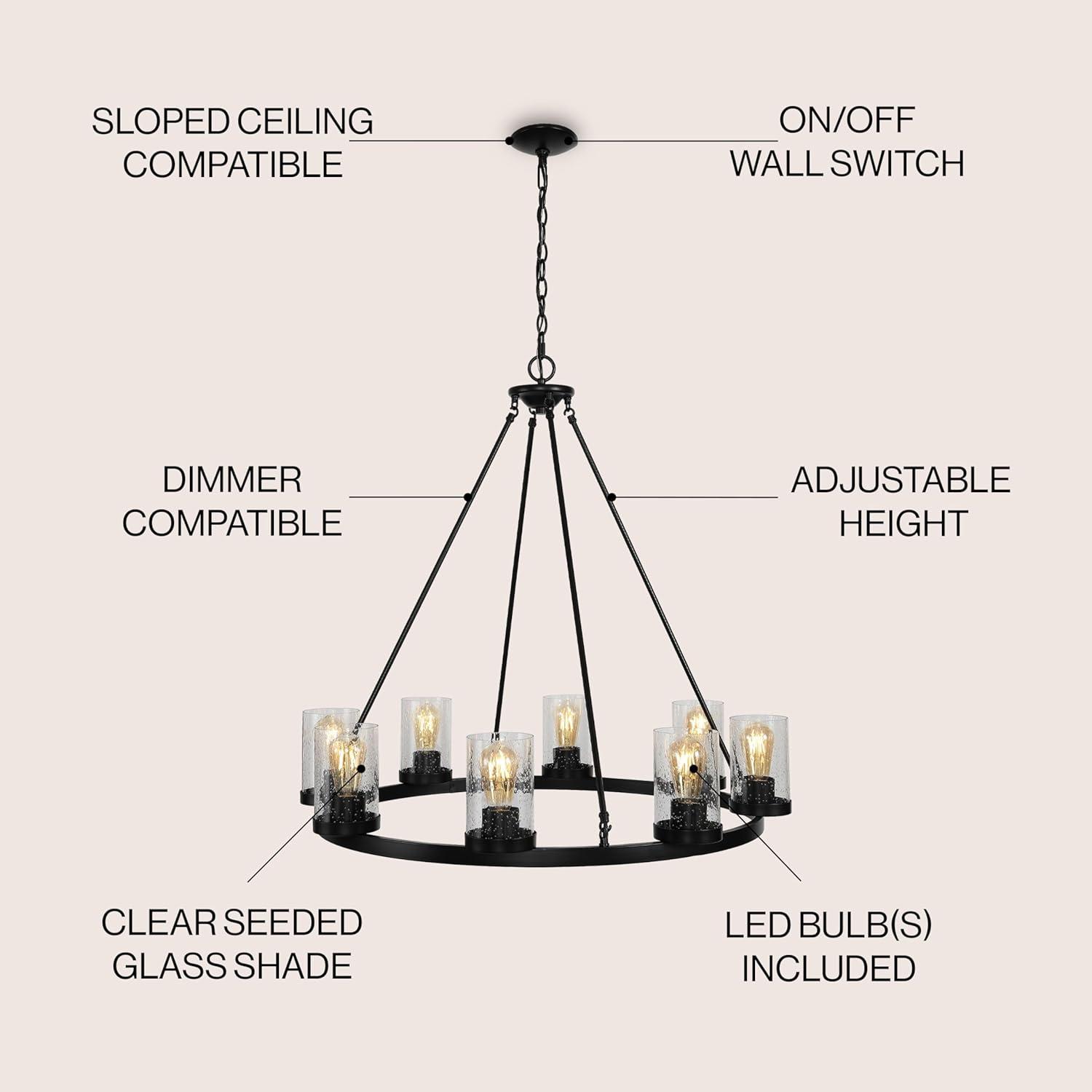 JONATHAN Y JYL7554A Coronet 33.5" 8-Light Iron/Seeded Glass Rustic Farmhouse Round LED Chandelier, Industrial, Vintage for living room, dinning room, bedroom Bulb Included, Oil Rubbed Bronze