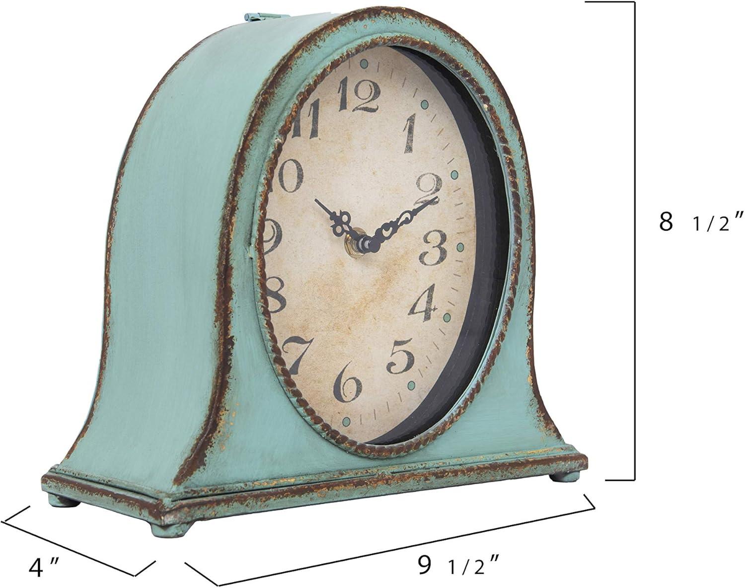 Distressed Aqua Metal Mantel Clock with Wooden Base