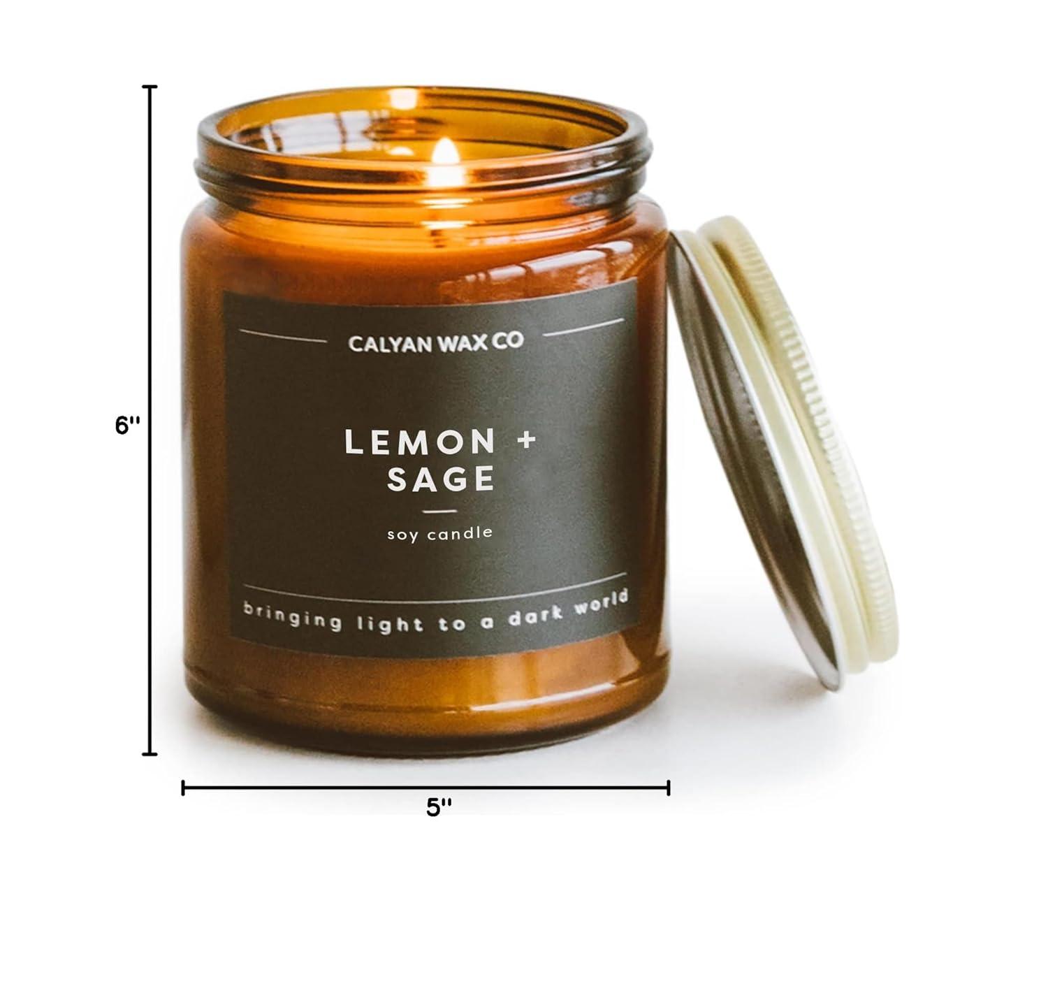 Calyan Wax Co. Soy Wax Candle, Lemon + Sage Scented Candle, 57 Hour Burn Time, Aromatherapy Soy Candles, Non Toxic & Vegan Soy Wax, Amber Glass Jar Scented Candles, 7.2oz